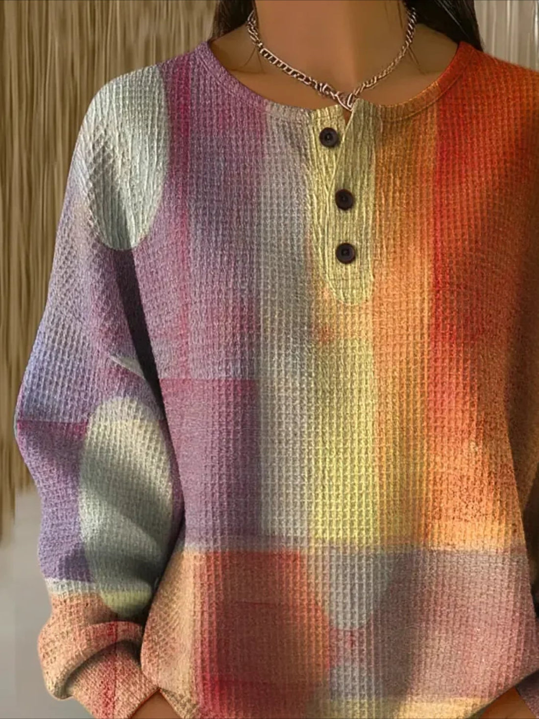 Colorful Ribbed V Neck Braided Print Long Sleeve Regular Sweatshirt