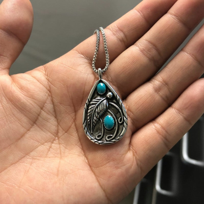 Set Turquoise Vintage Dyed Black Feather Pendant