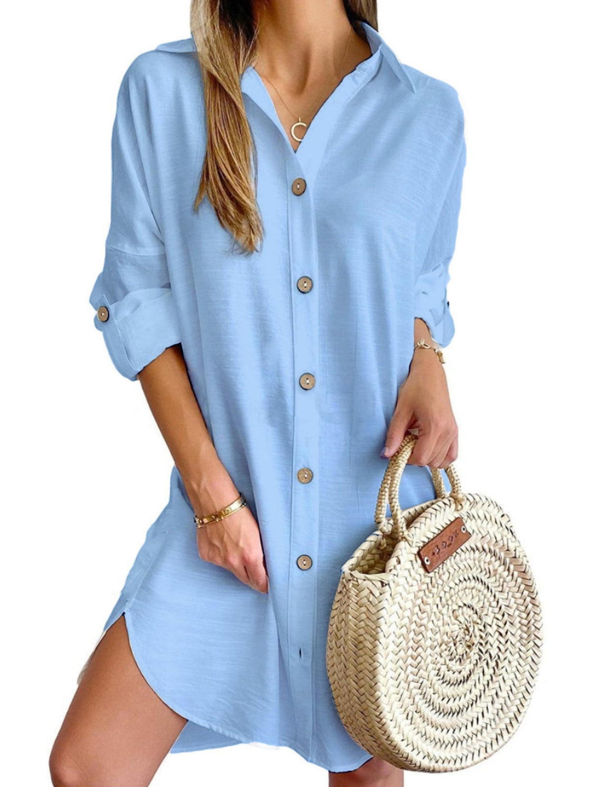 Solid Color Button Front Shirt Dress, Casual Long Sleeve Lapel Dress