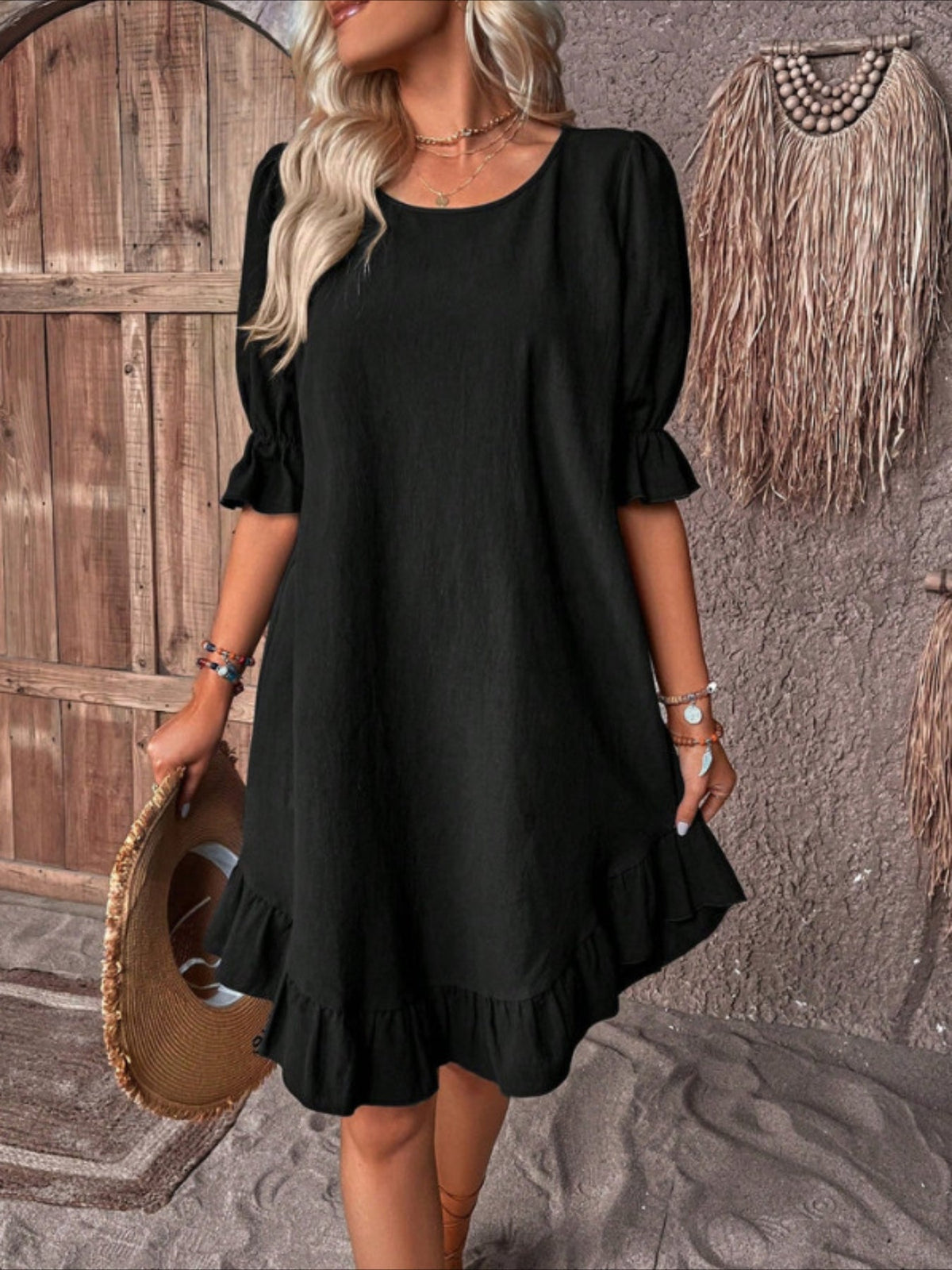 Loose Crew Neck Ruffle Dress, Casual Half Sleeve Solid Dress