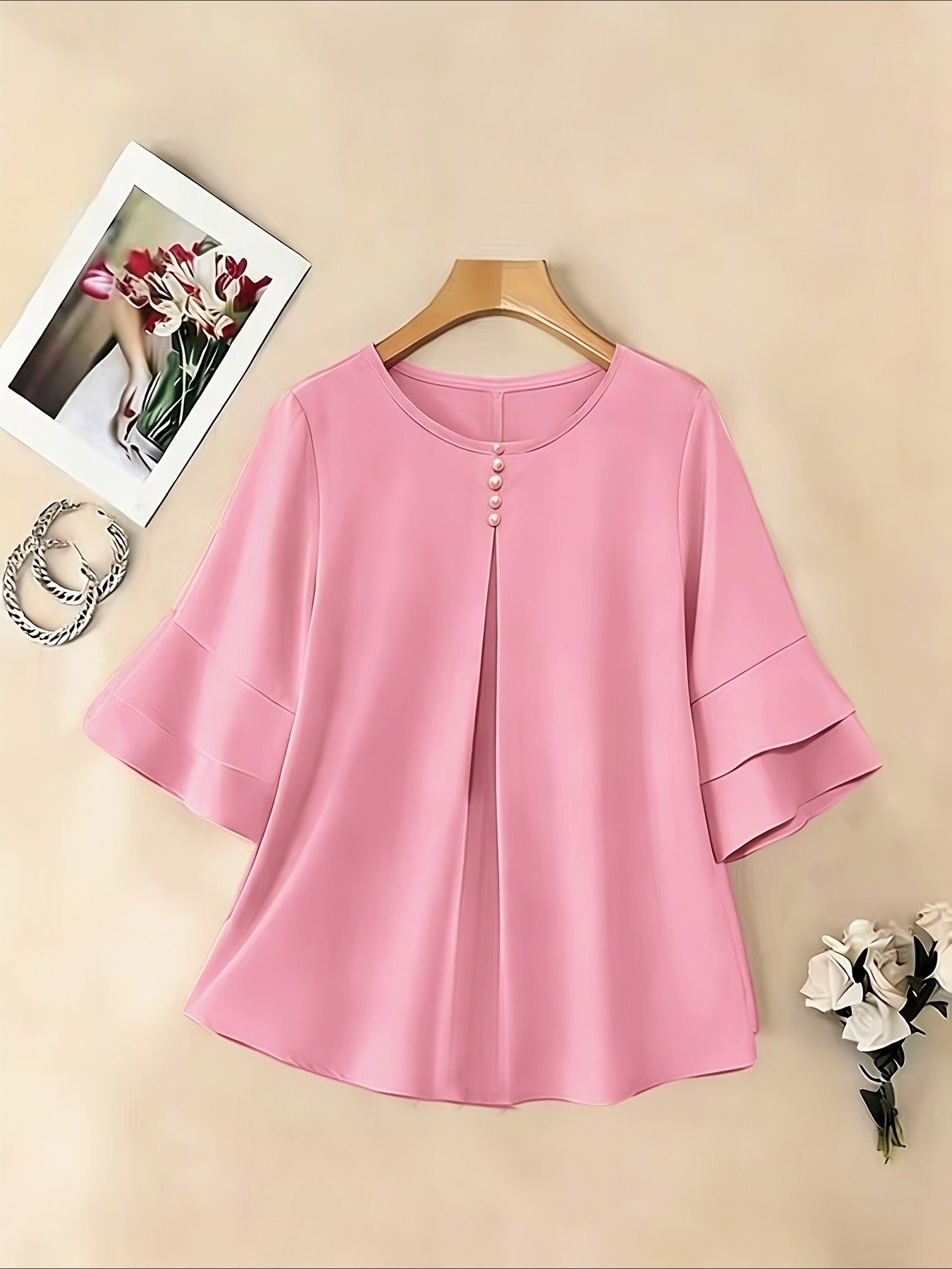 Elegant Fashion Summer Loose Solid Round Neck Button-Up Shirt Flared Sleeve Ruffle Top