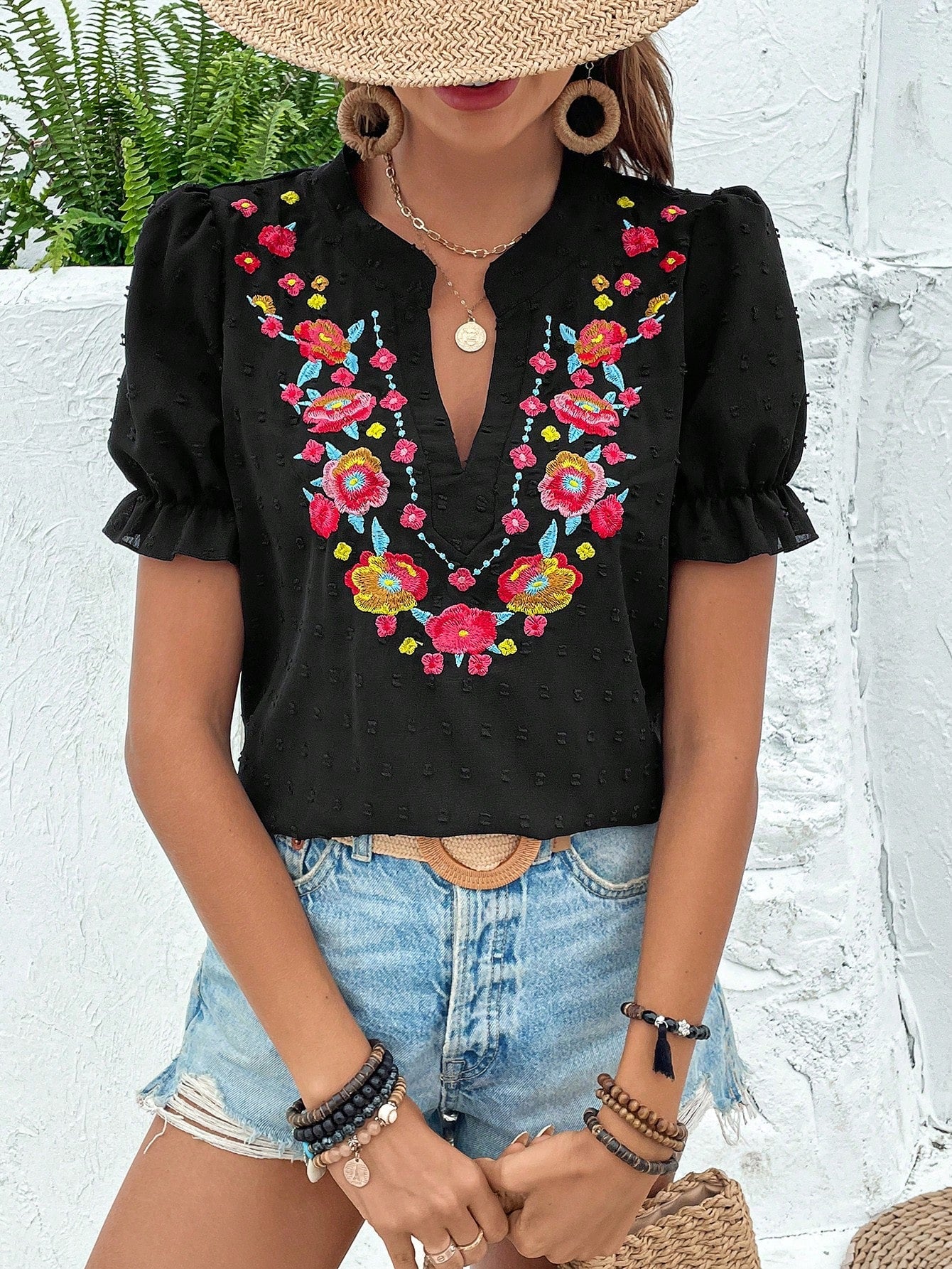 Breezaya Vacation Casual Floral Embroidery Puff Sleeve Shirt