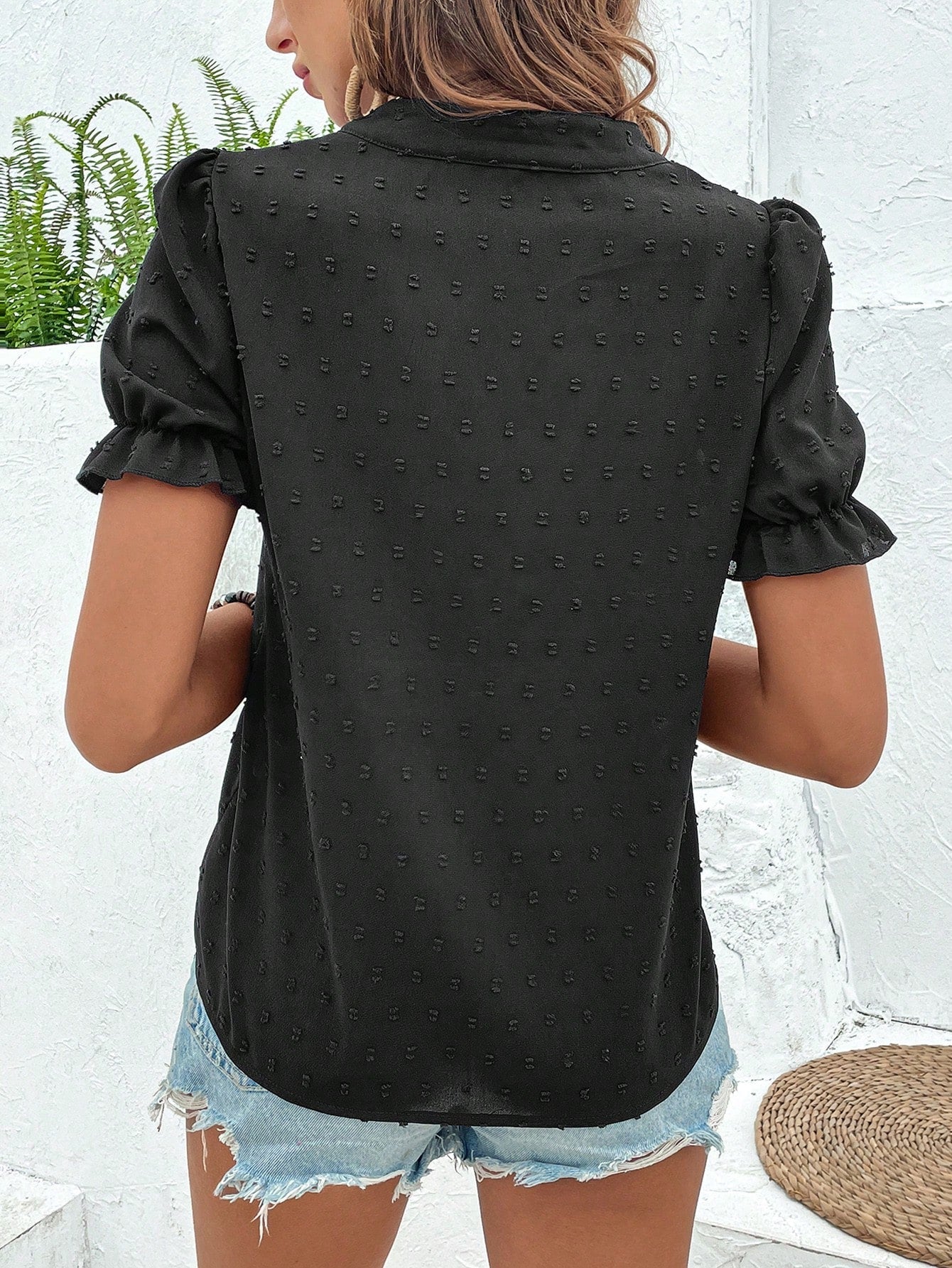 Breezaya Vacation Casual Floral Embroidery Puff Sleeve Shirt