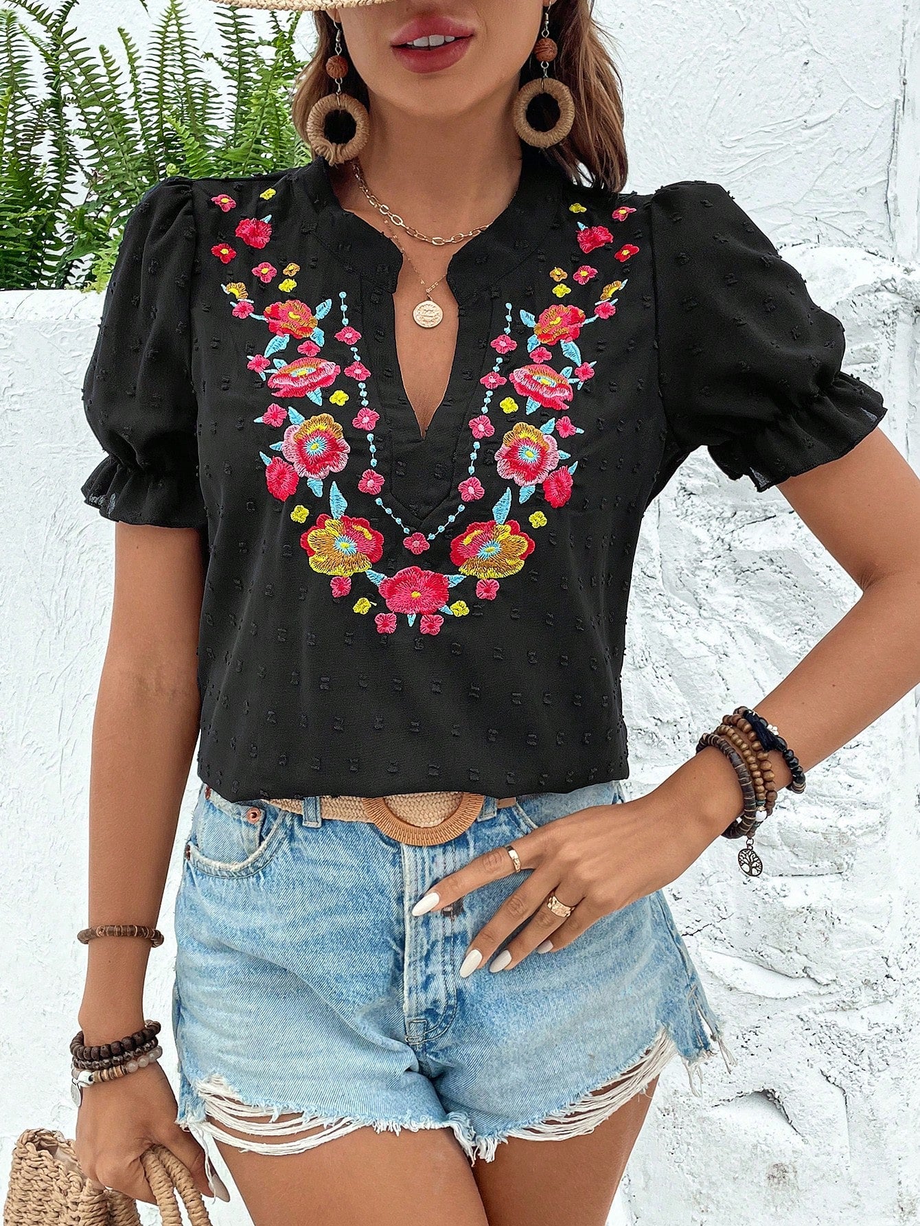 Breezaya Vacation Casual Floral Embroidery Puff Sleeve Shirt