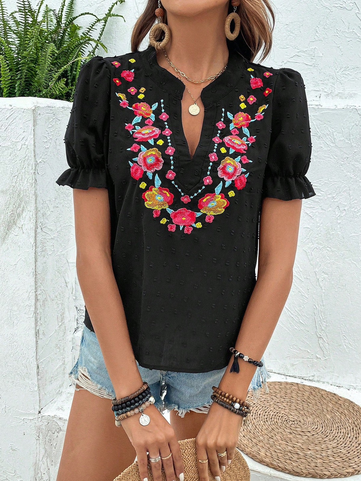 Breezaya Vacation Casual Floral Embroidery Puff Sleeve Shirt
