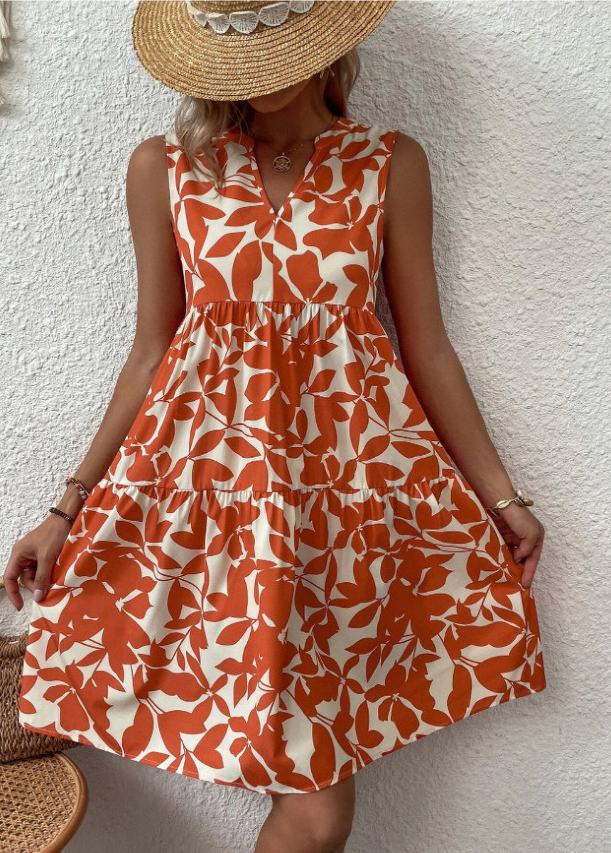Bohemian V-Neck Pleated Printed Dress