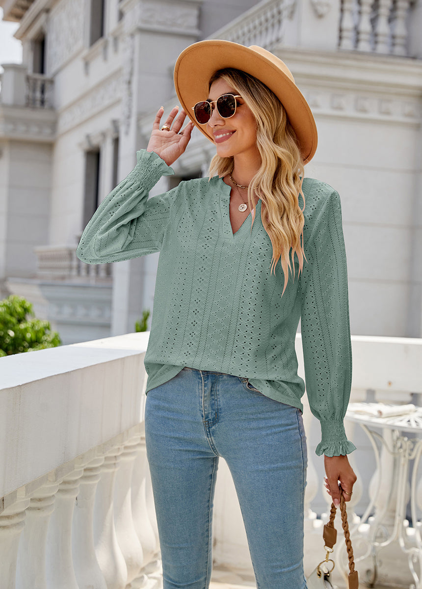 Solid Color Hollow Pleated Ruffle Sleeve V-Neck Loose Long Sleeve Top
