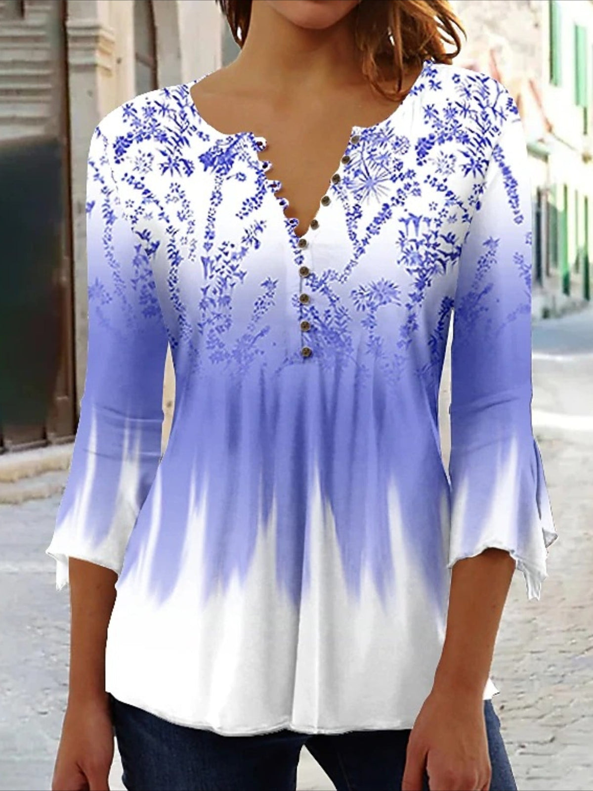 Casual Floral Print V-Neck 3/4 Sleeves Blouse
