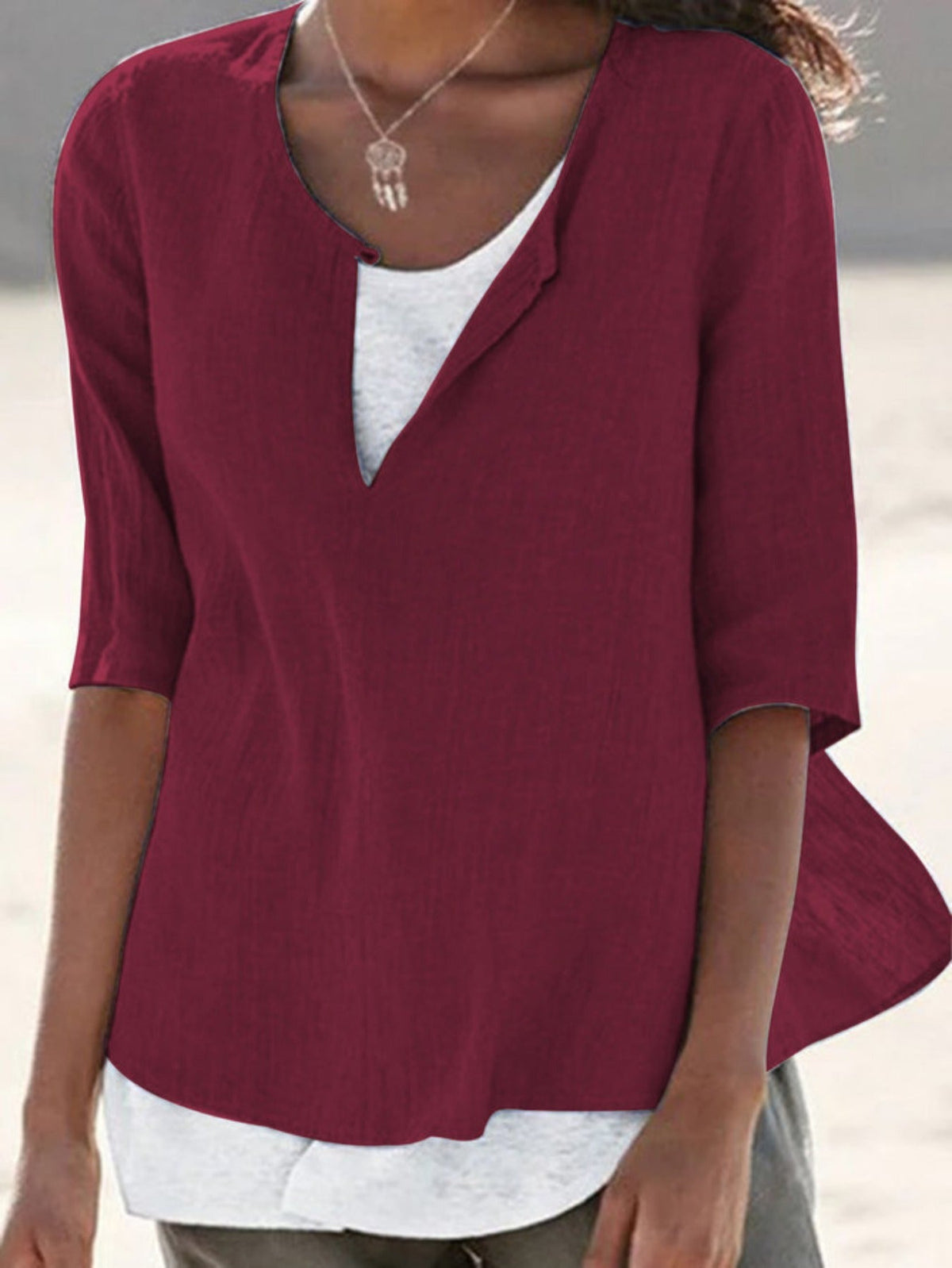 Solid Color Crew Neck Front Slit Stylish Pullover Top