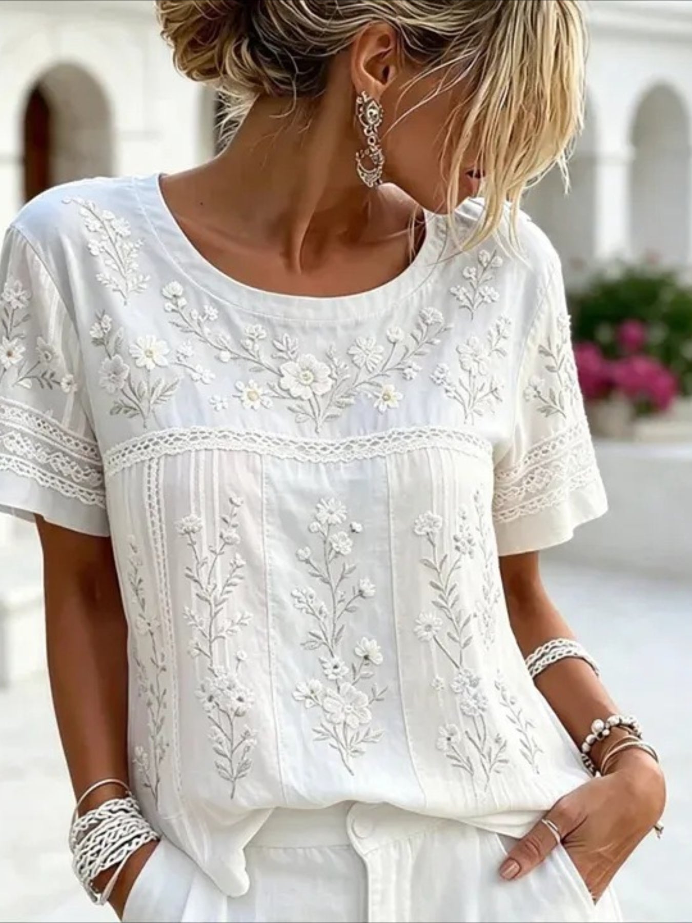 Floral Print Short Sleeve Crew Neck Top with Patchwork Blouse Style