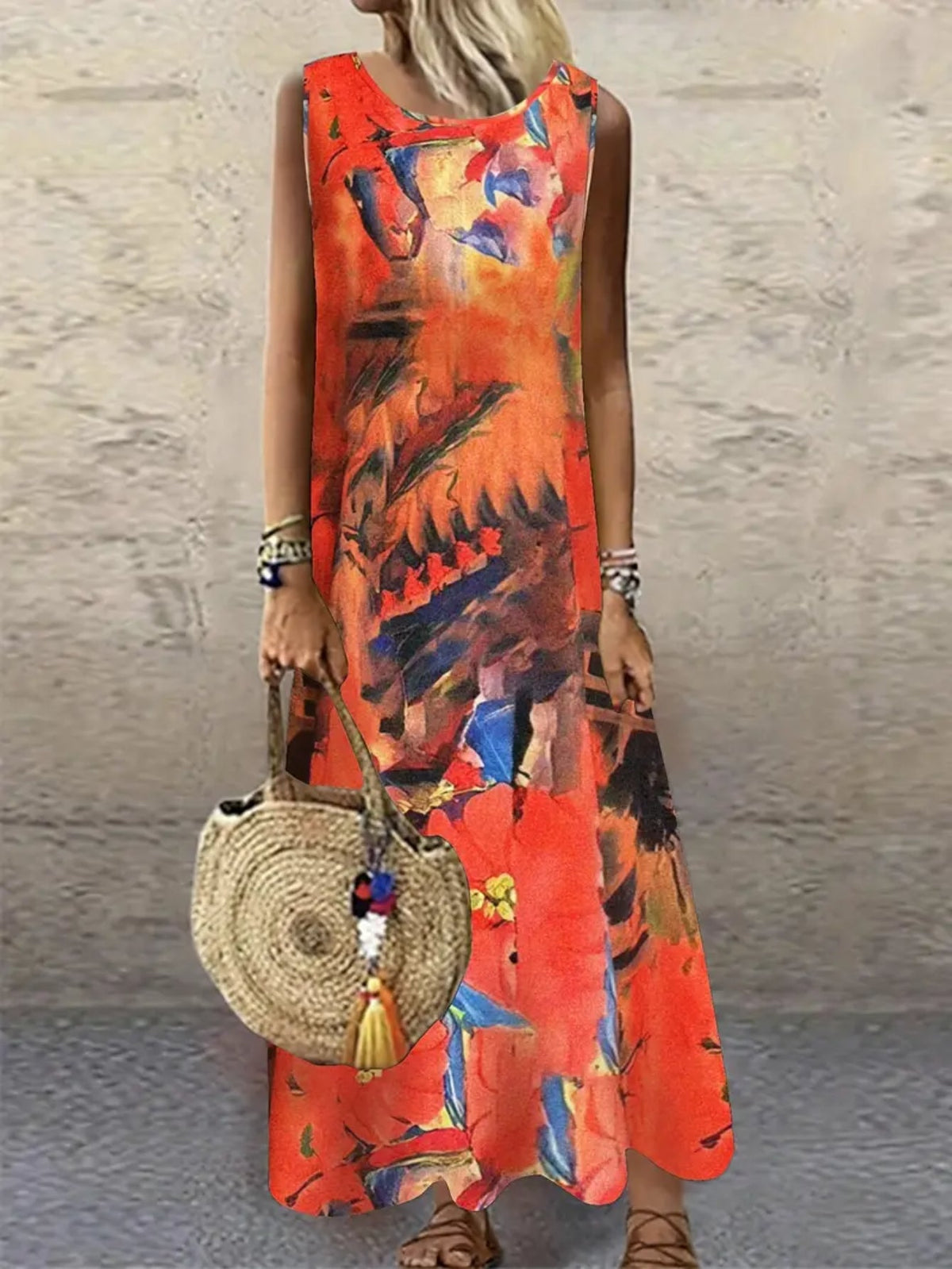 Plant Print Crew Neck Tank Dress, Casual Sleeveless A-line Tank Dress