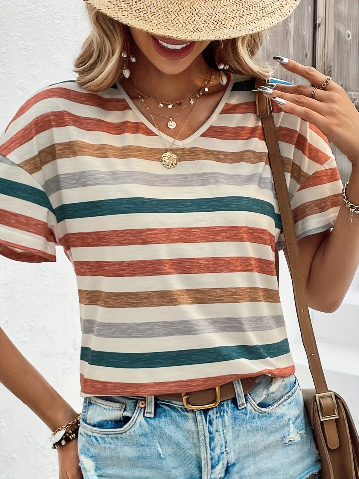 Vintage Striped V Neck Short Sleeve T-Shirt