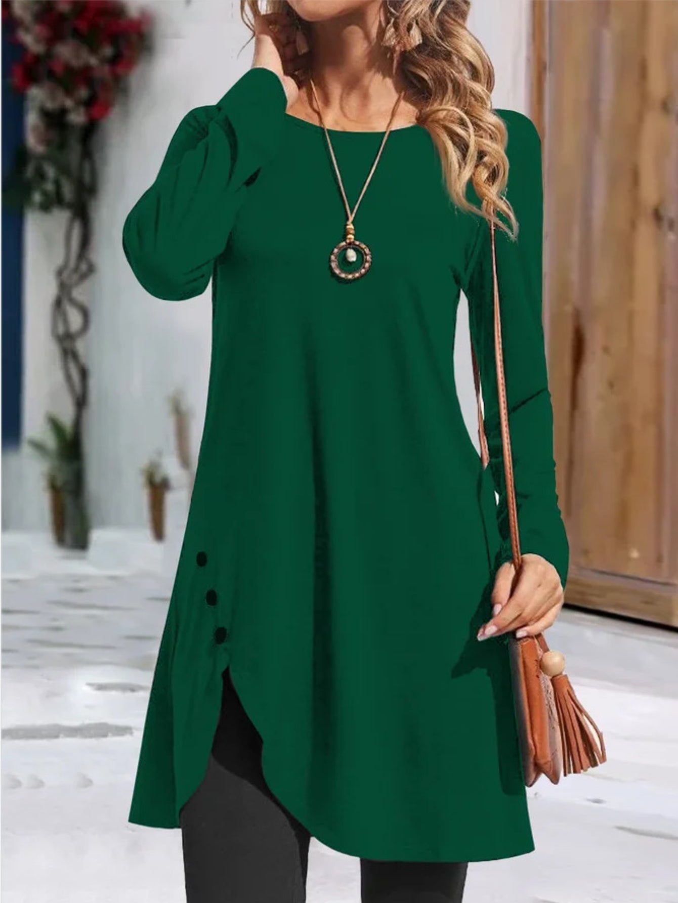 Solid Color Crew Neck, Casual Long Sleeve Asymmetric Hem Dress