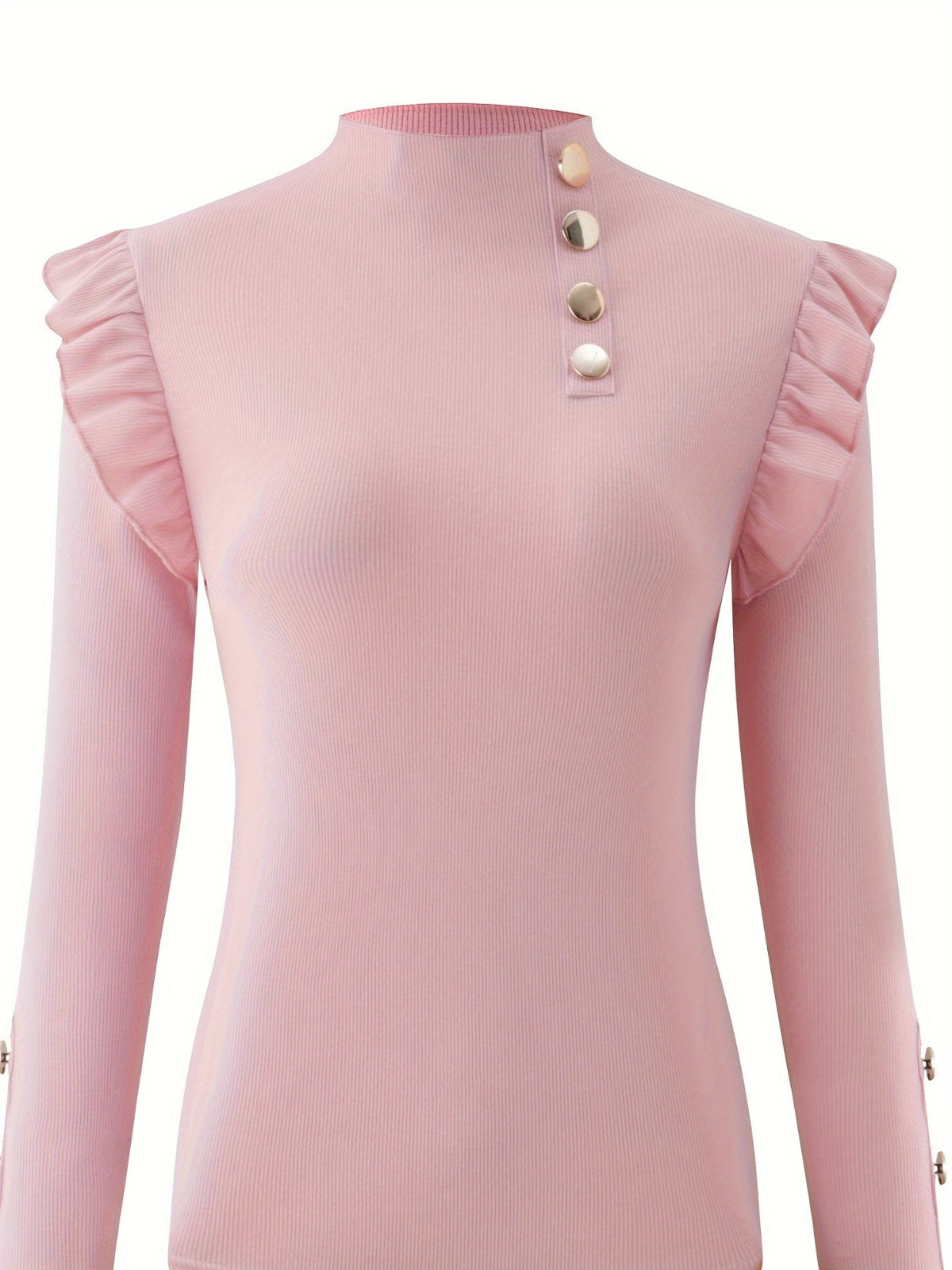 Solid Mock Neck Ruffle Trim Tee, Elegant Long Sleeve Slim T-shirt