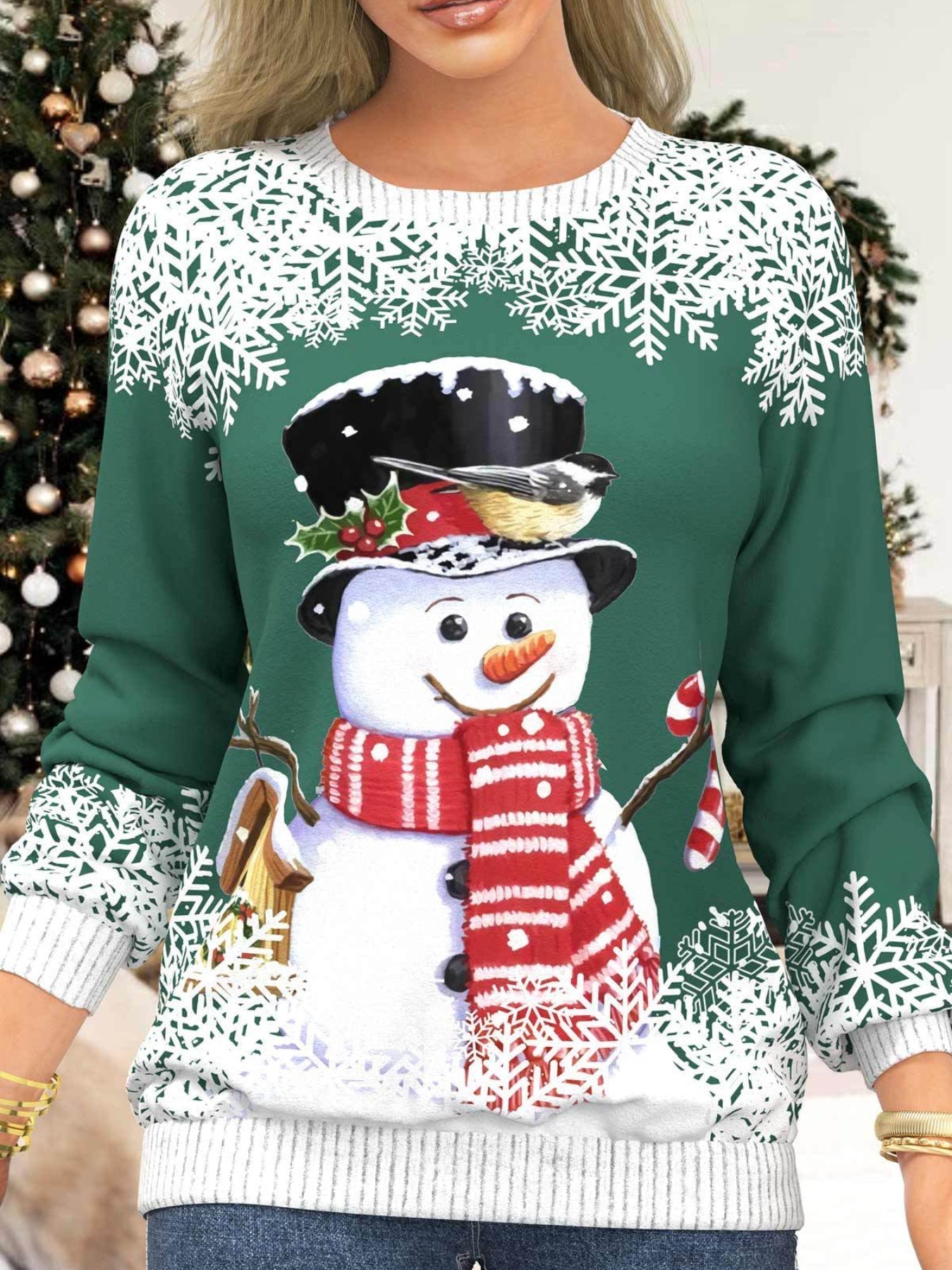 Snowman & Snowflake Print Sweatshirt, Casual Long Sleeve Crew Neck Sweatshirt