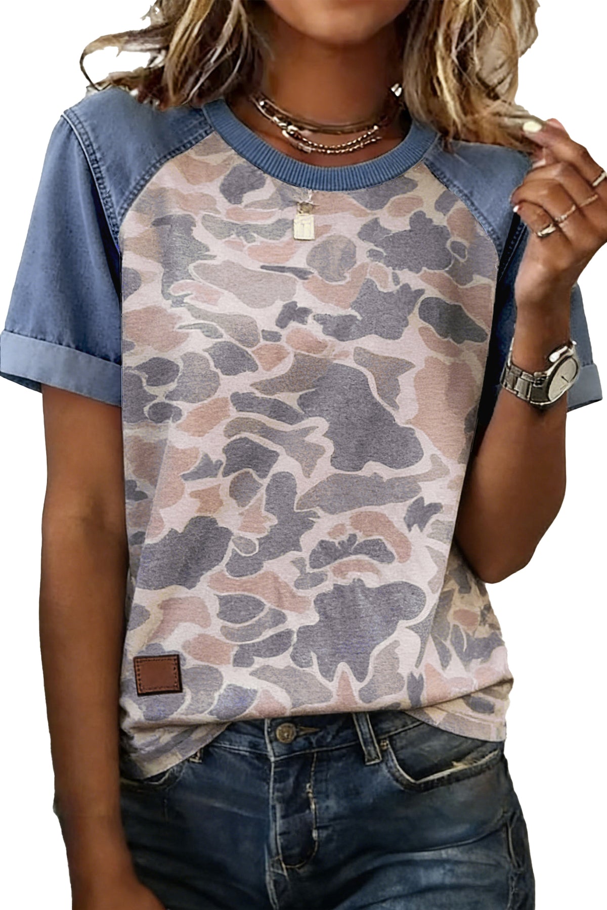 Multicolour Camouflage Print Denim Color Block Sleeve Casual Tee