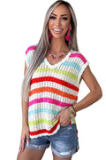 Multicolour Striped Eyelet Knit V Neck Sweater Tee