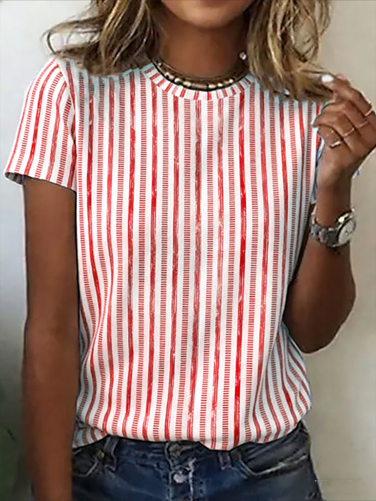 Striped Crew Neck Short Sleeve Casual T-shirt