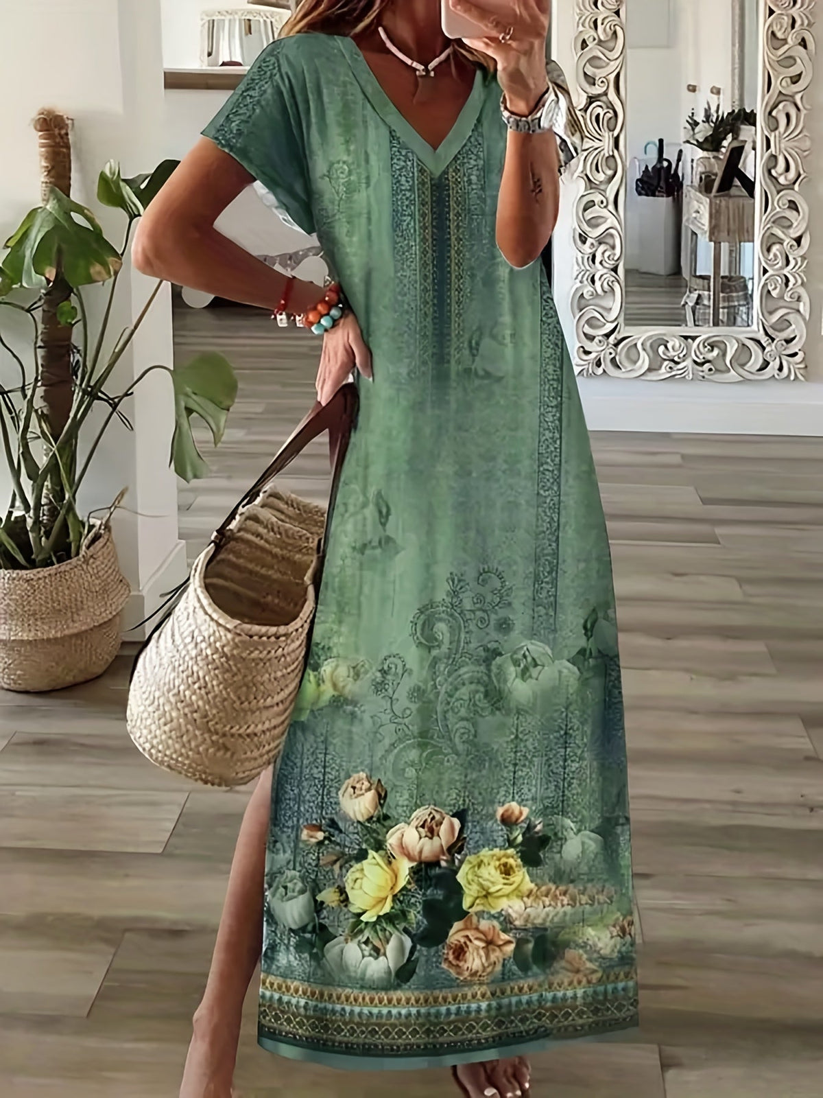 Floral Print Side Split Dress, Casual V Neck Short Sleeve Dress, Women's Clothing