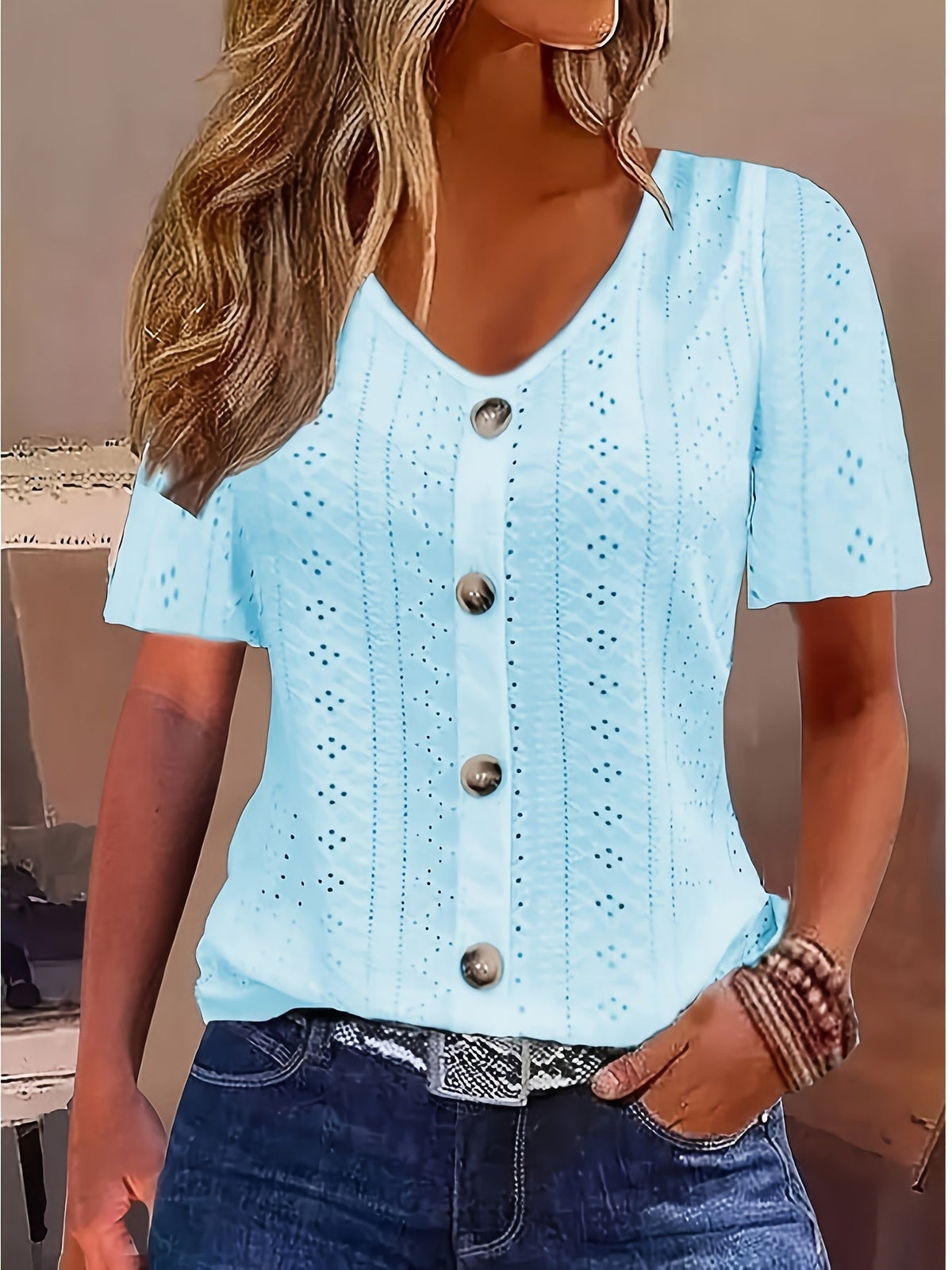 Elegant V-Neck Short Sleeve T-Shirt with Decorative Buttons