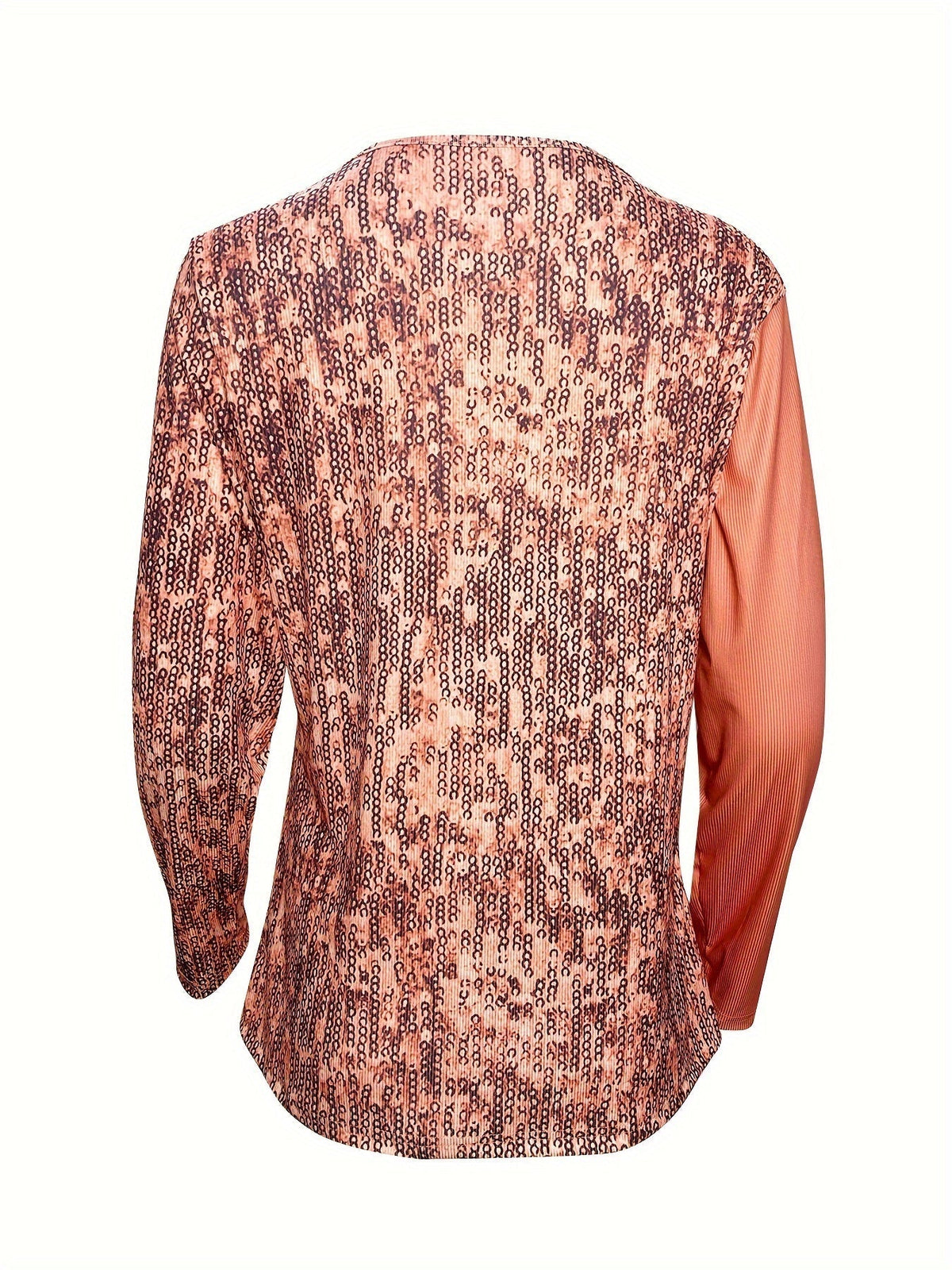 Sequined Button Decor V-neck Splicing T-Shirt, Casual Long Sleeve T-Shirt