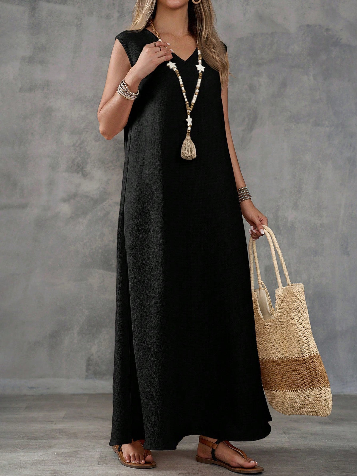Textured Fabric Sleeveless V-Neck Slit Maxi Dress