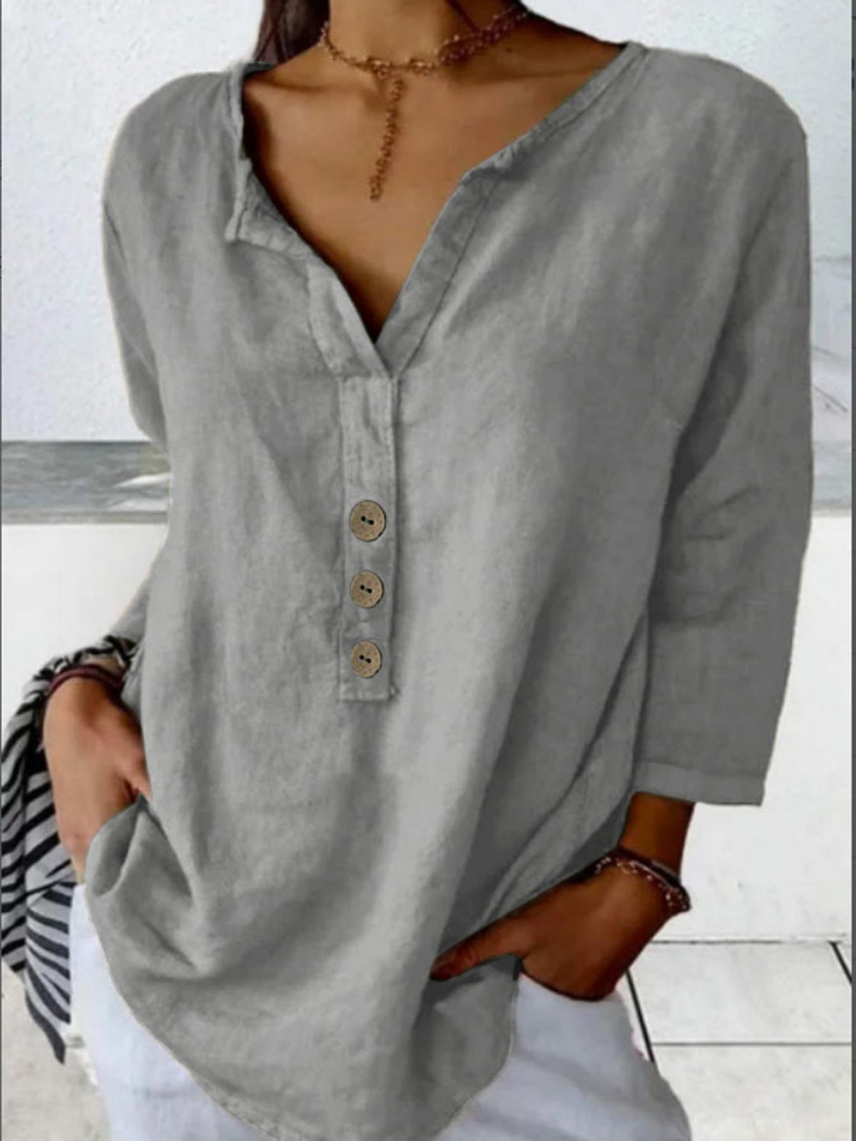 Solid Color Notched Neck Blouse, Casual Button Front Long Sleeve Blouse