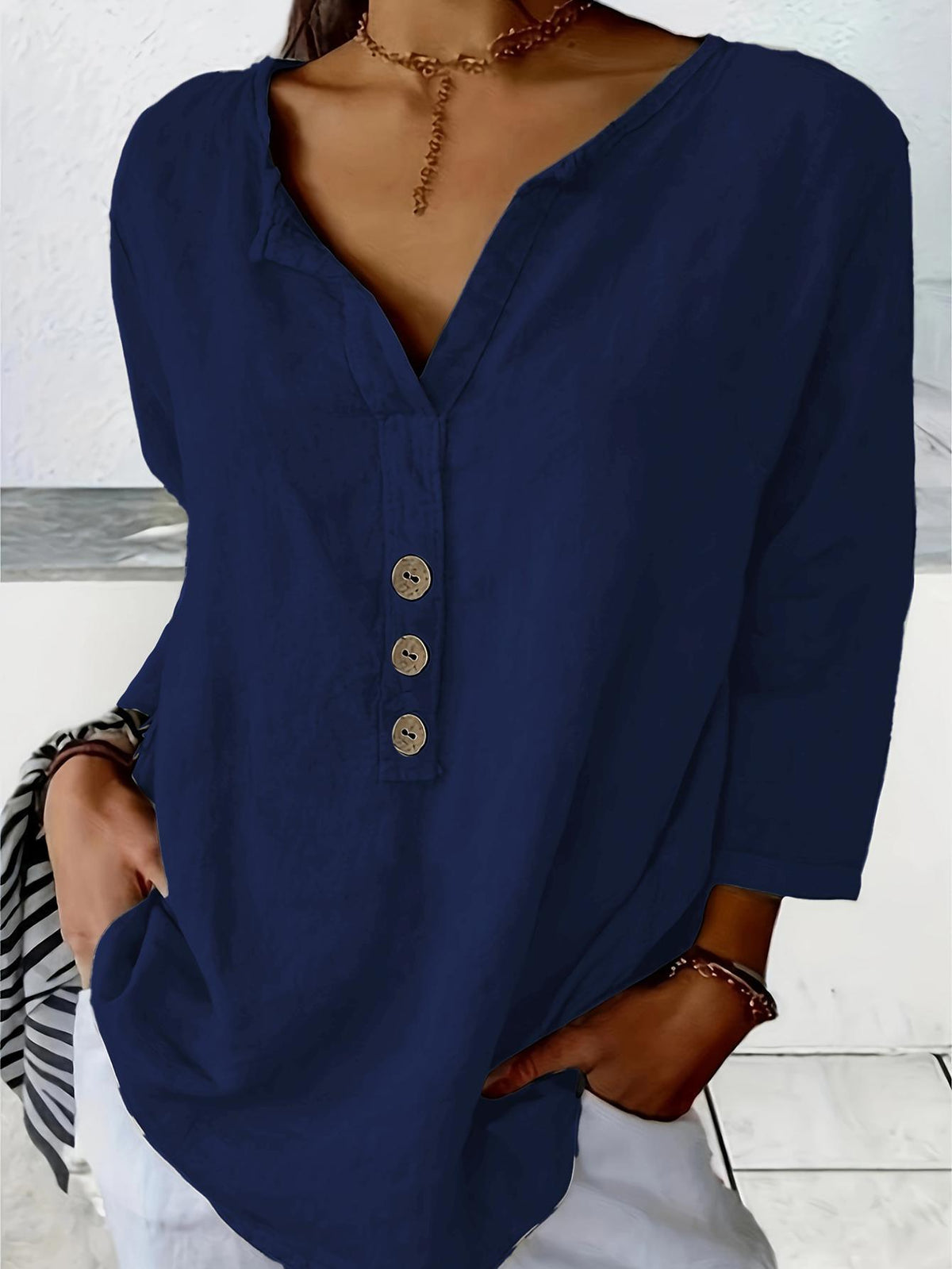Solid Color Notched Neck Blouse, Casual Button Front Long Sleeve Blouse