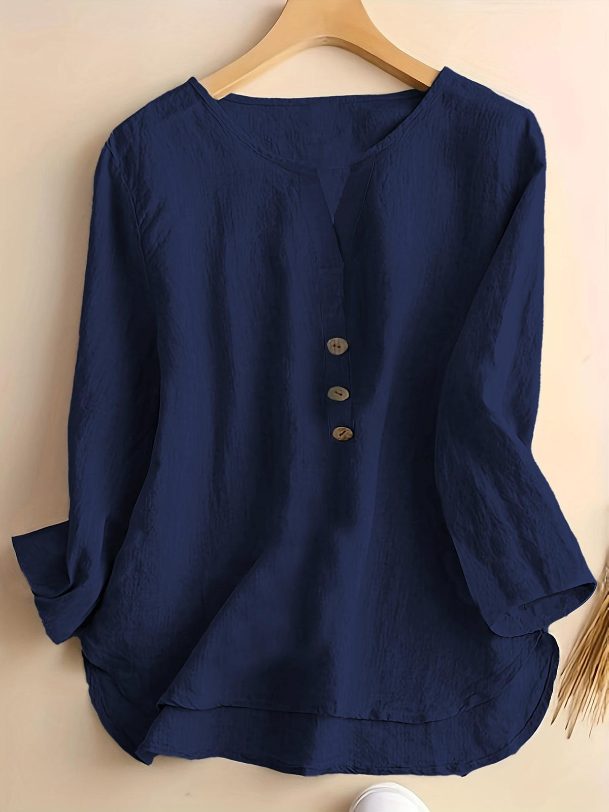 Solid Color Notched Neck Blouse, Casual Button Front Long Sleeve Blouse