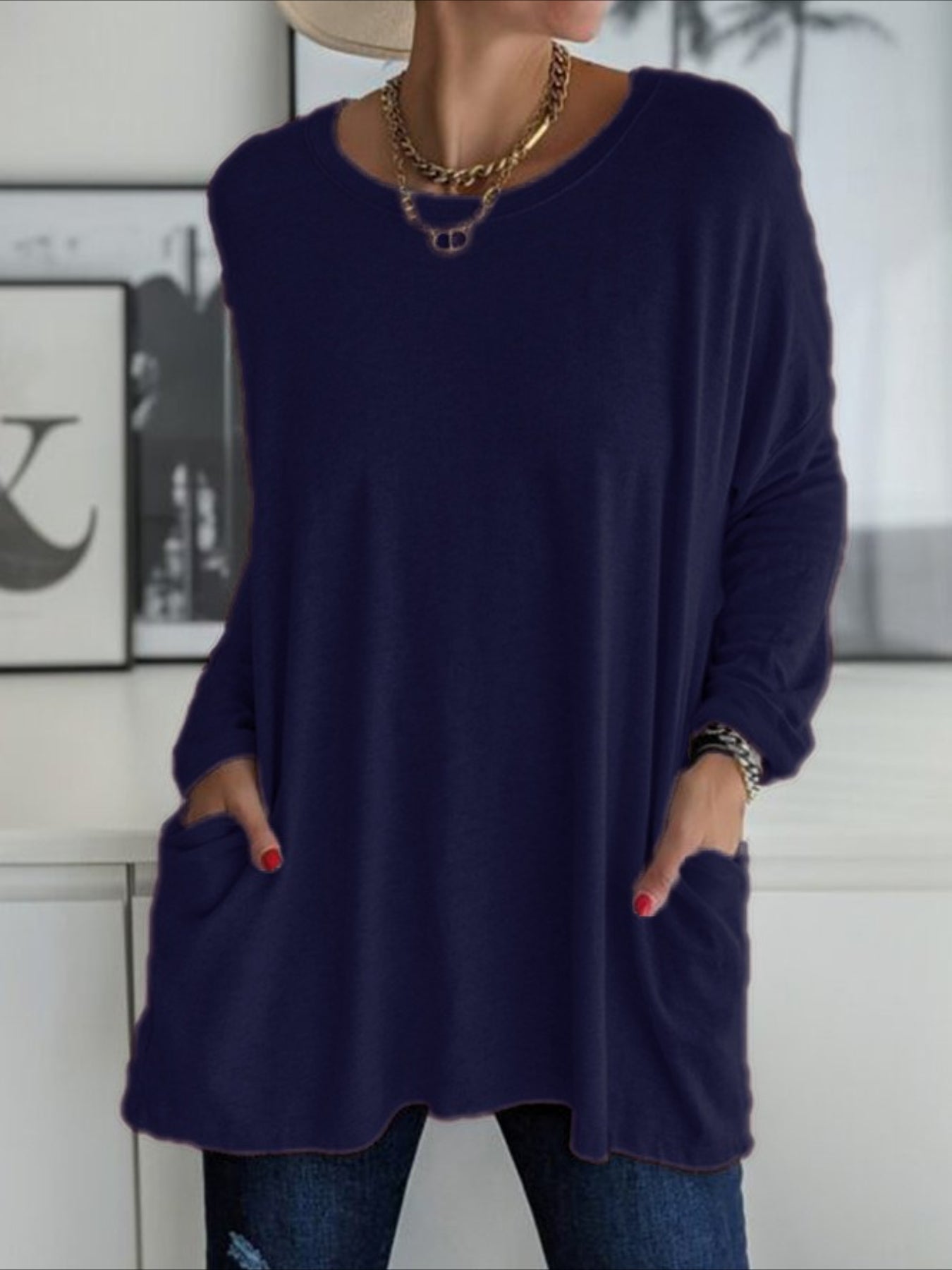 Solid Color Pocket Long Sleeve Crew Neck Top