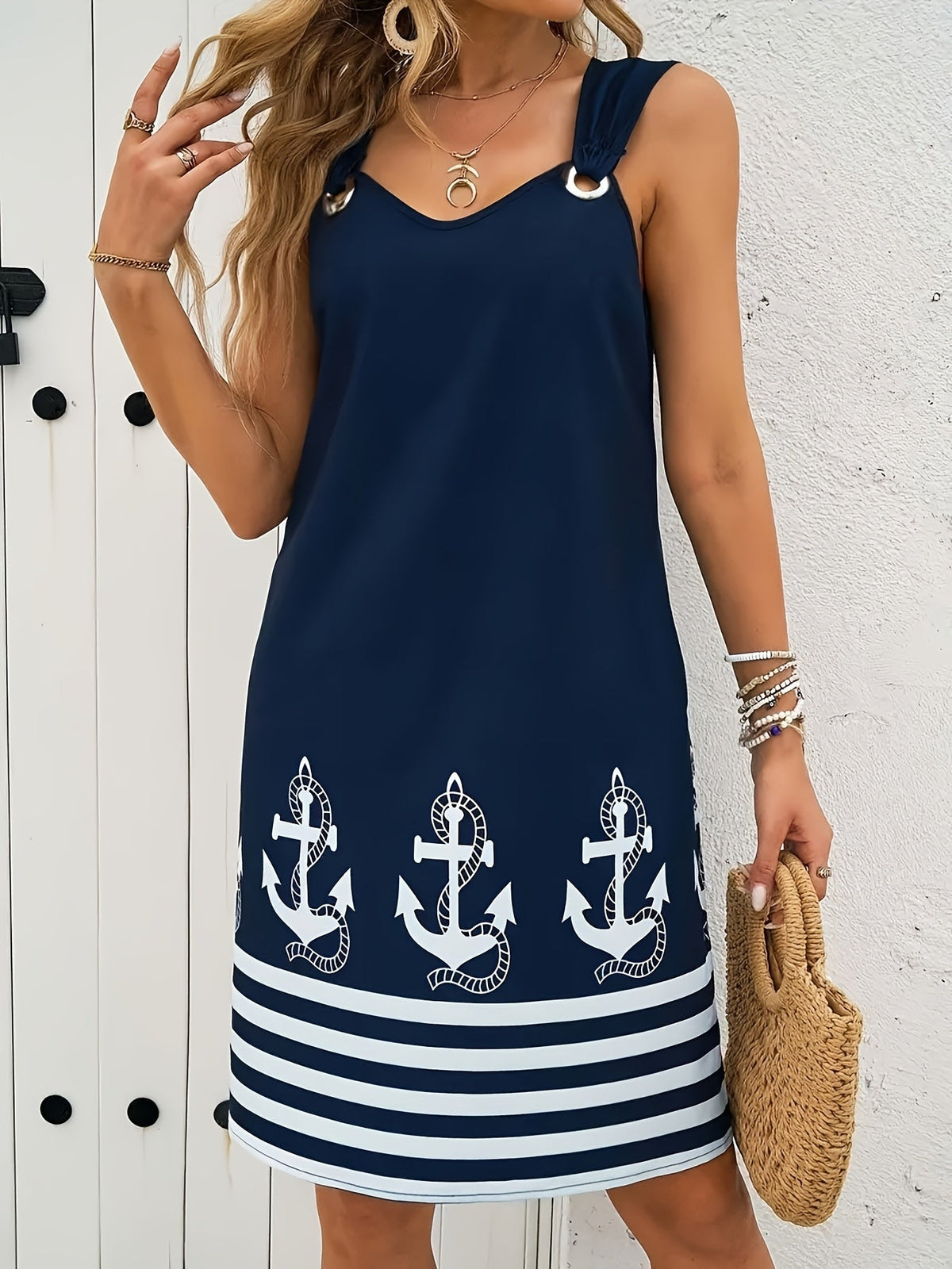 Floral & Striped Print Sleeveless V-Neck Dress