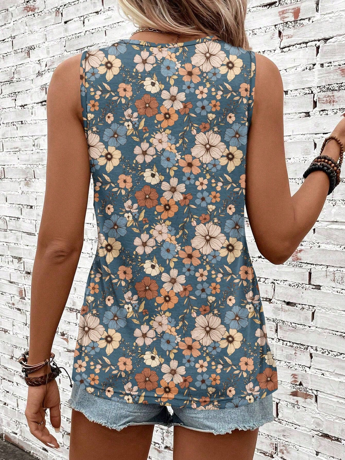 Casual Retro Floral Pattern Round Neck Tank Top