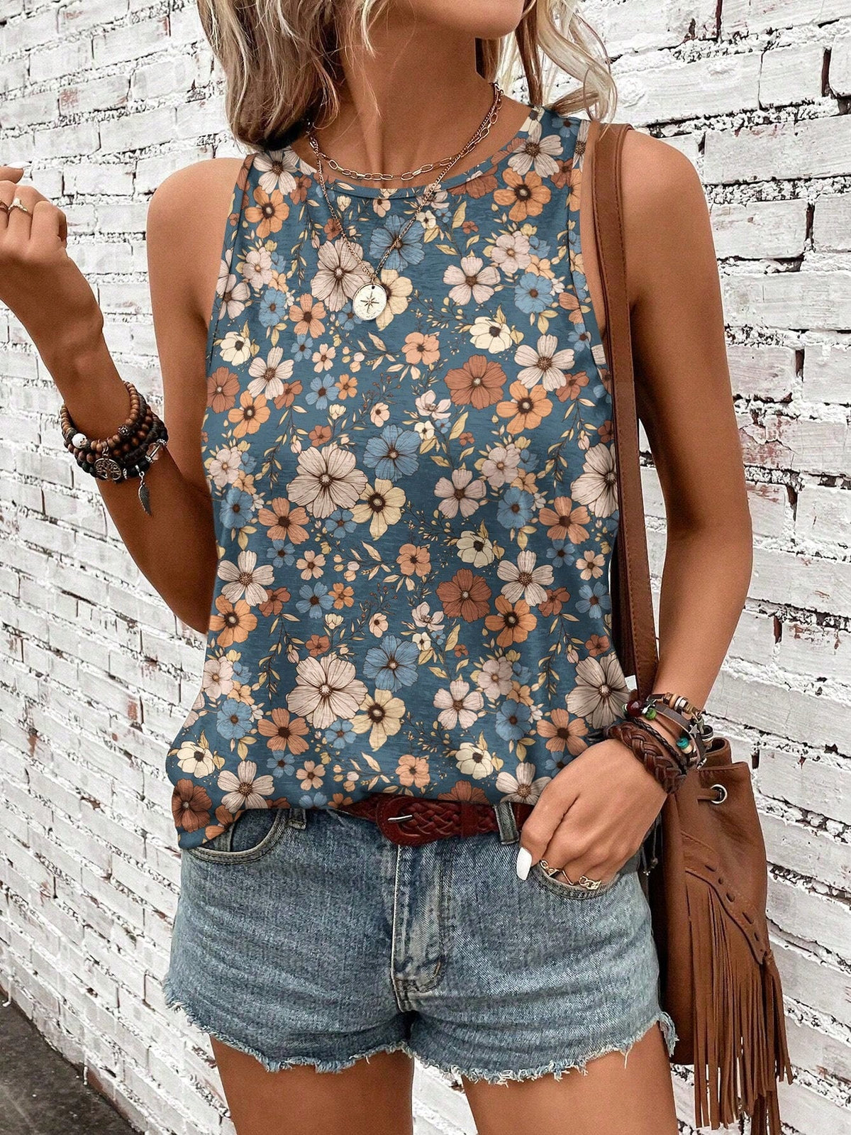 Casual Retro Floral Pattern Round Neck Tank Top
