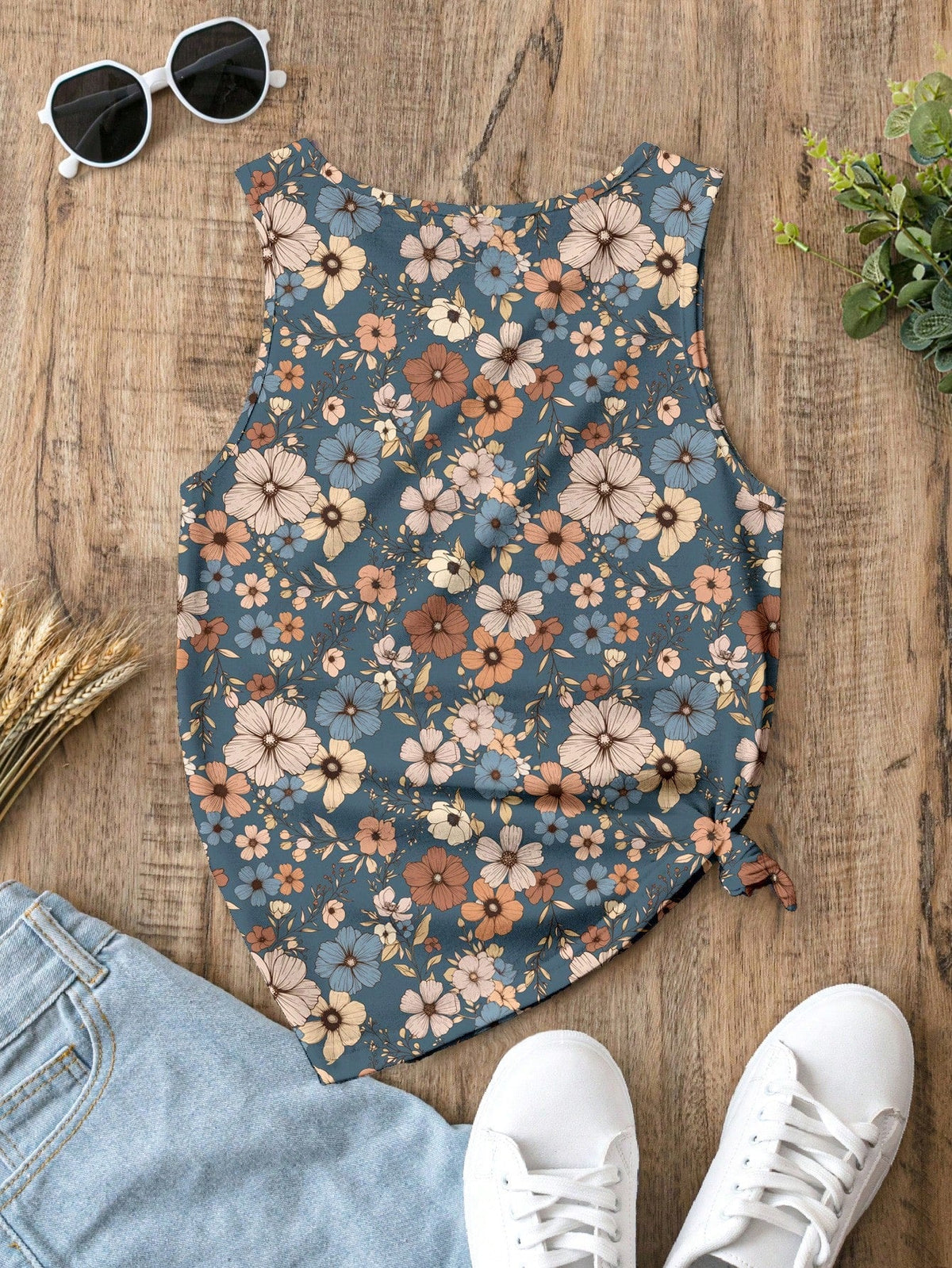Casual Retro Floral Pattern Round Neck Tank Top