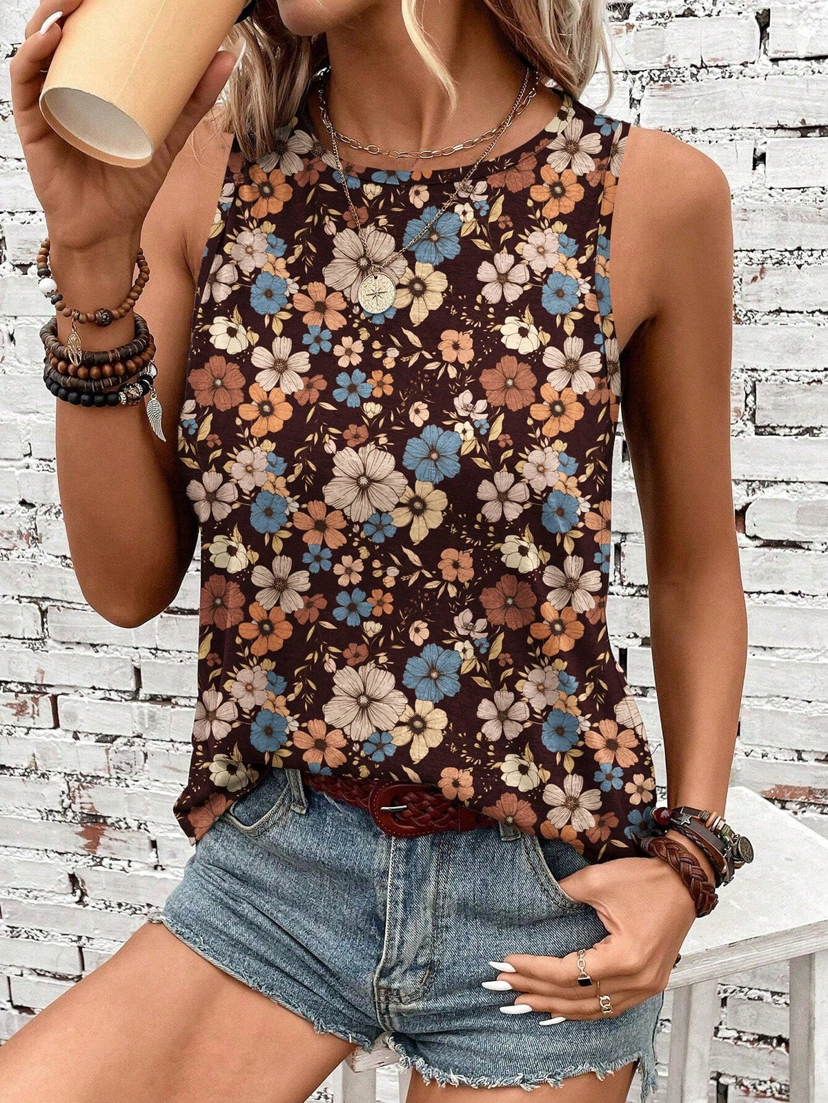 Casual Retro Floral Pattern Round Neck Tank Top