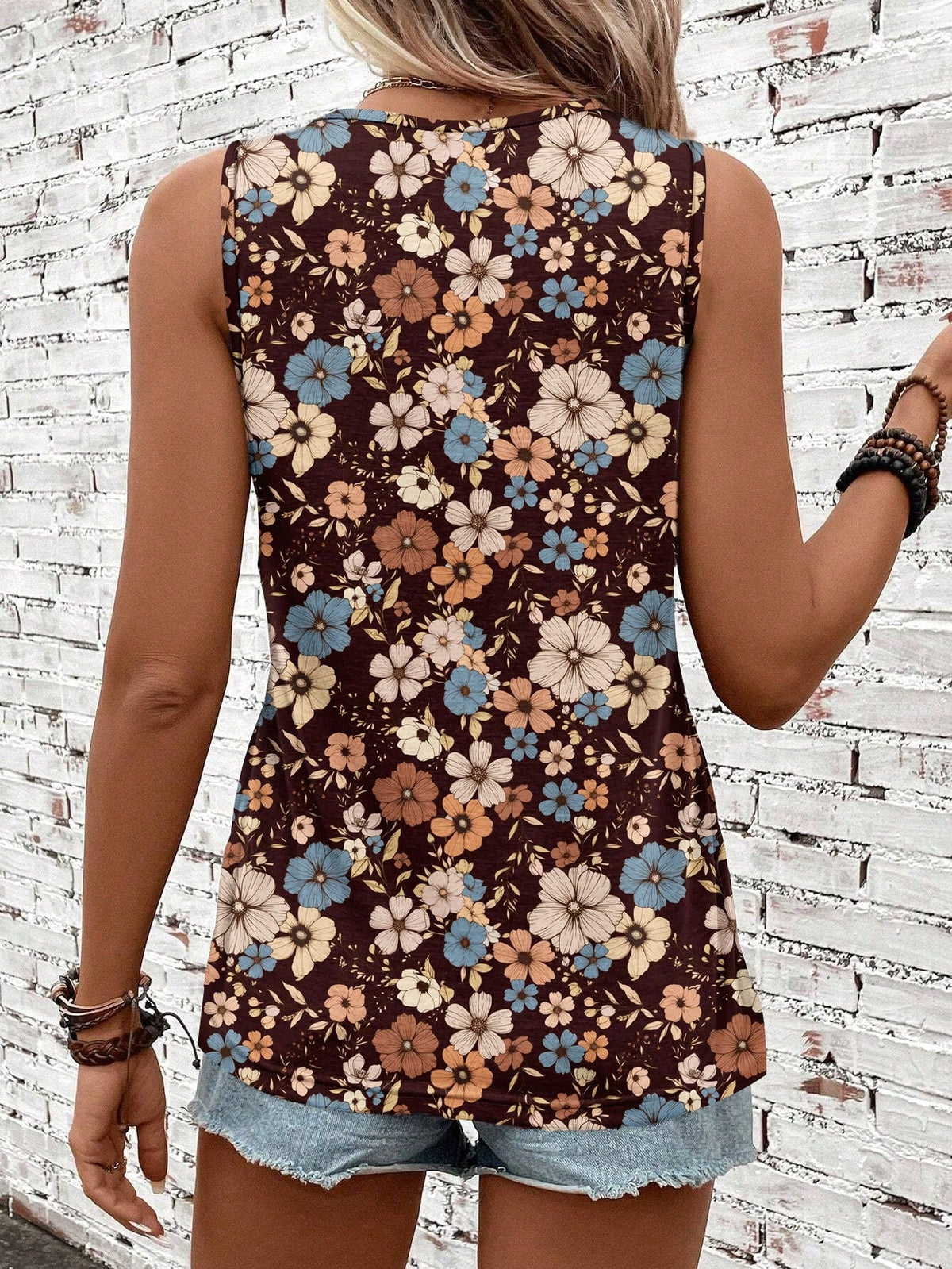 Casual Retro Floral Pattern Round Neck Tank Top