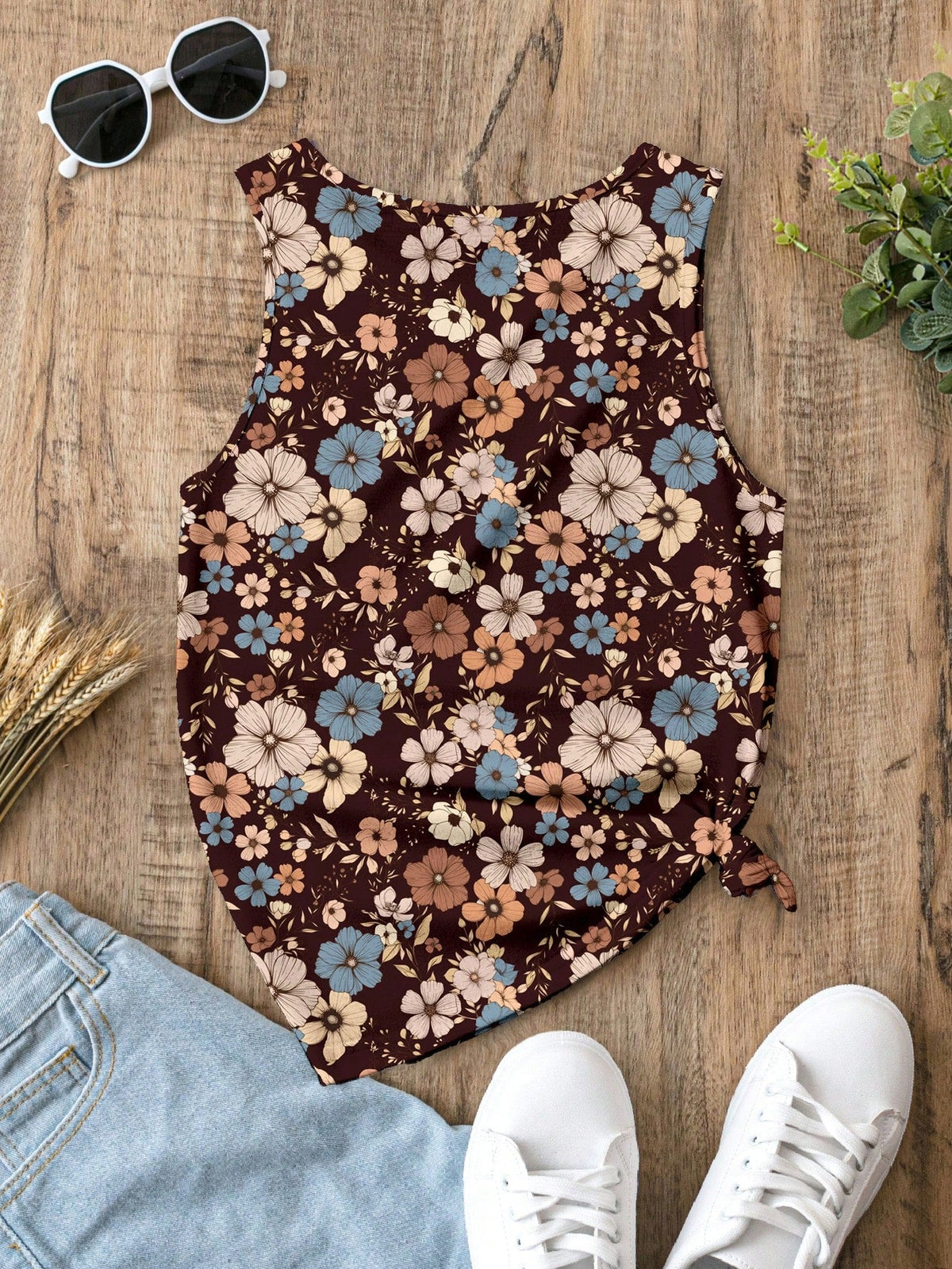 Casual Retro Floral Pattern Round Neck Tank Top