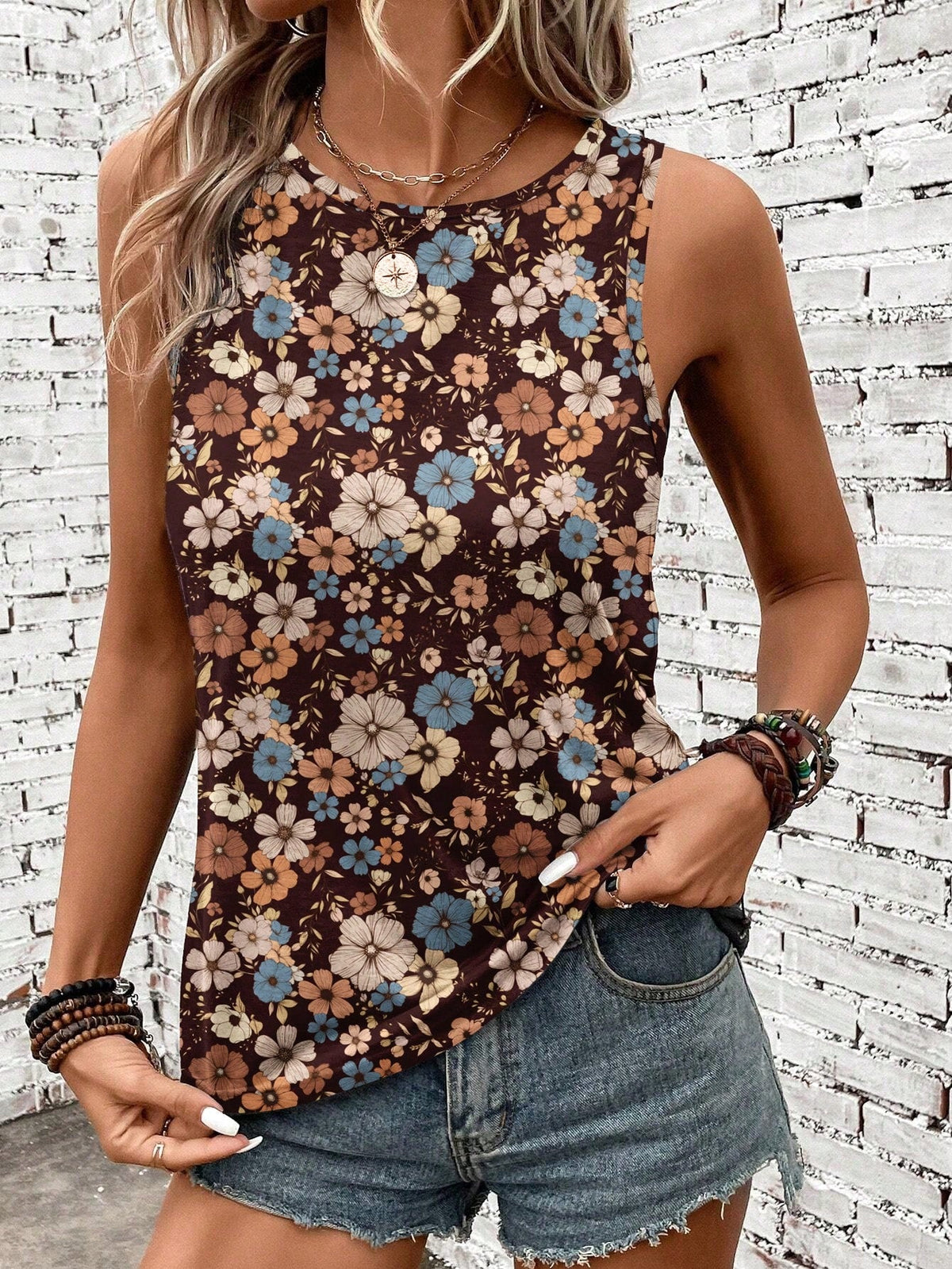 Casual Retro Floral Pattern Round Neck Tank Top