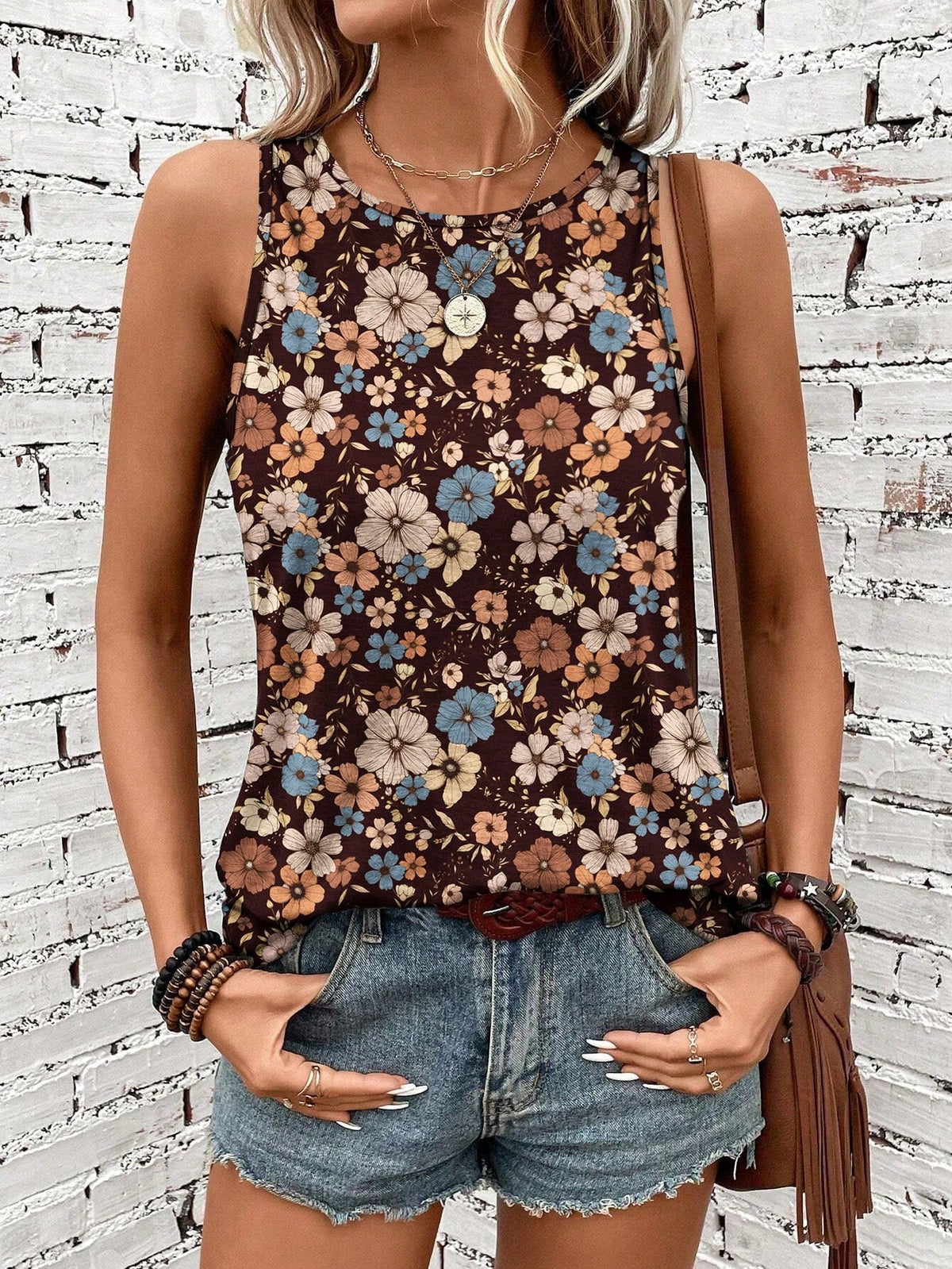Casual Retro Floral Pattern Round Neck Tank Top