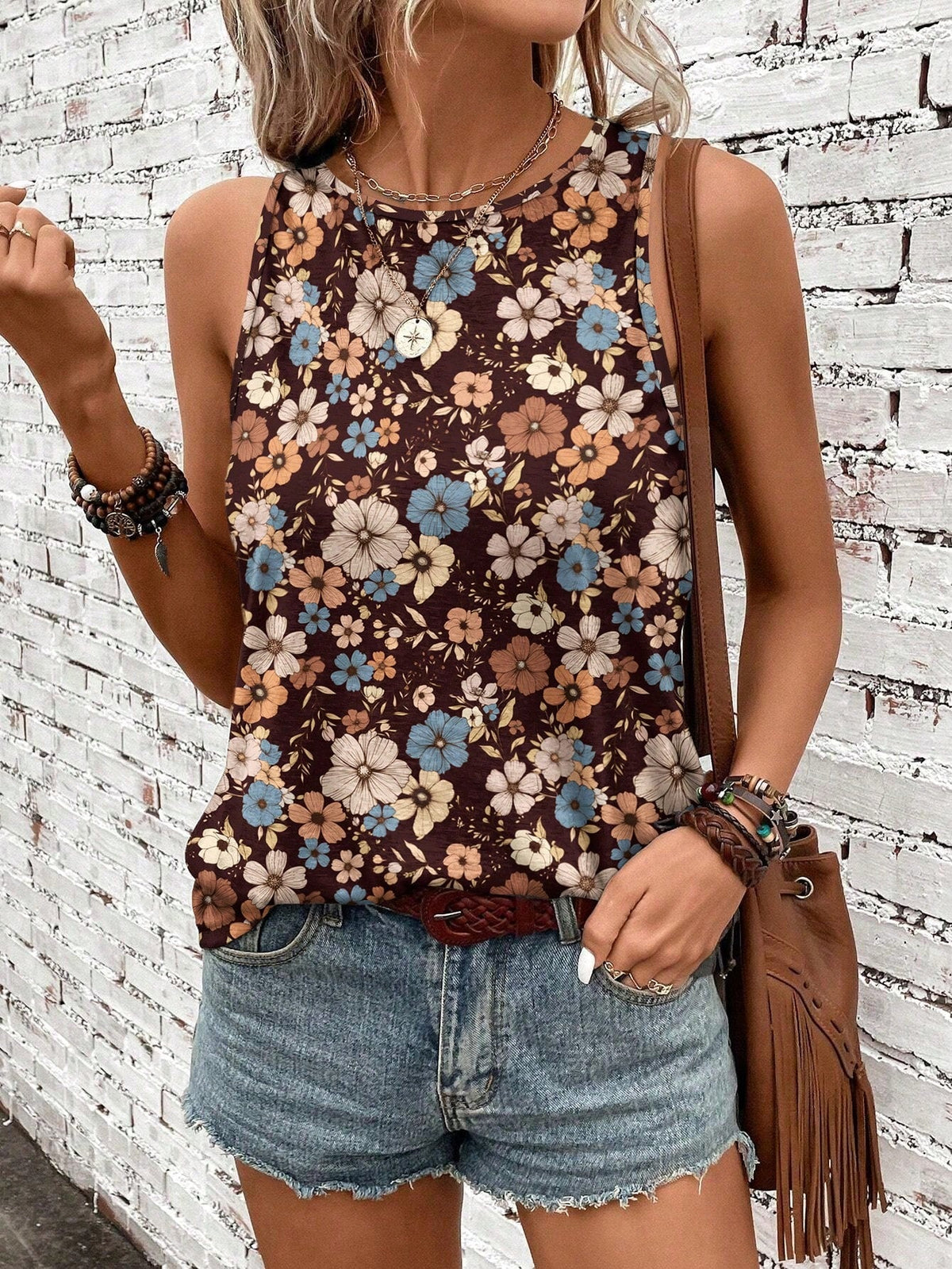 Casual Retro Floral Pattern Round Neck Tank Top