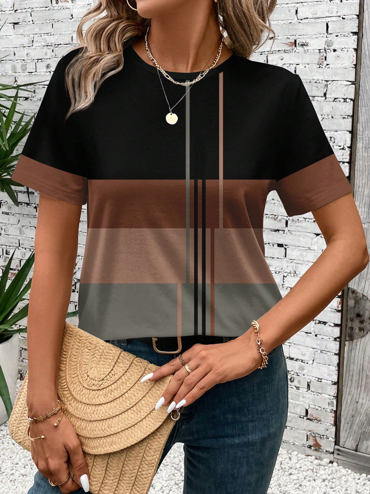 Casual Patchwork Pattern Round Neck Short Sleeve Loose Women T-Shirt
