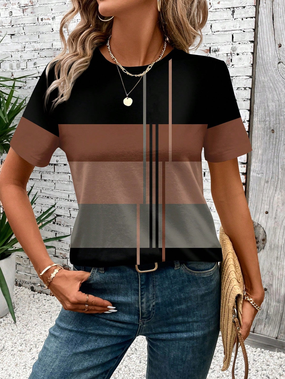 Casual Patchwork Pattern Round Neck Short Sleeve Loose Women T-Shirt