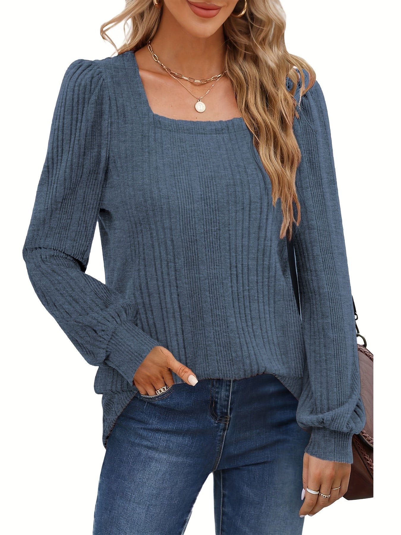 Solid Square Neck Rib Knit Top, Elegant Long Sleeve Sweater