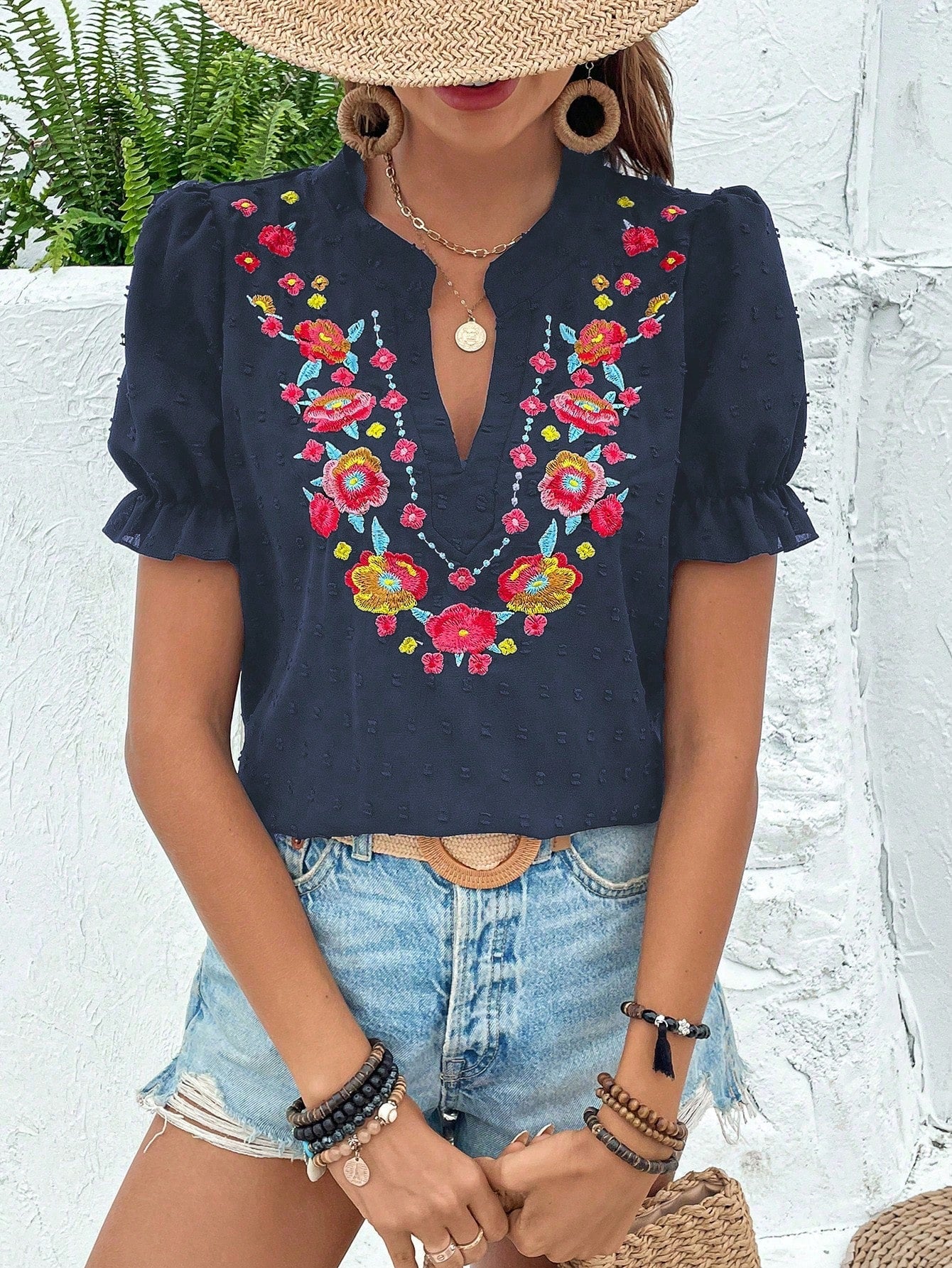 Breezaya Vacation Casual Floral Embroidery Puff Sleeve Shirt