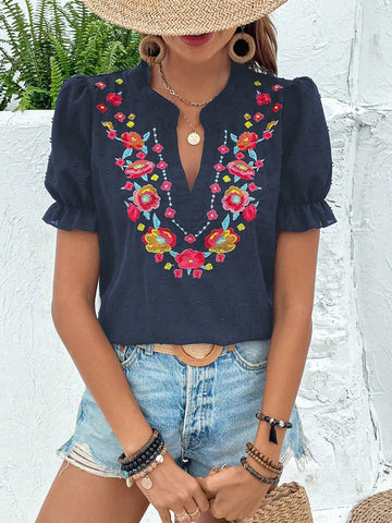 Breezaya Vacation Casual Floral Embroidery Puff Sleeve Shirt
