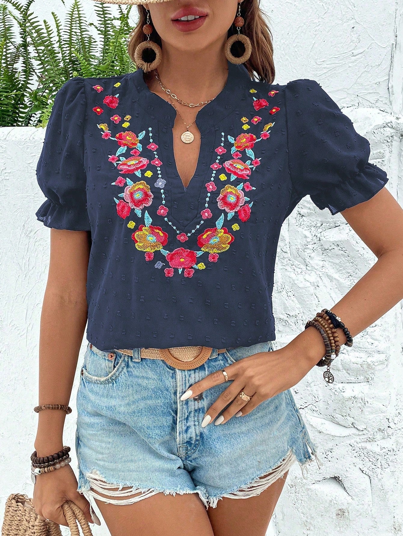 Breezaya Vacation Casual Floral Embroidery Puff Sleeve Shirt