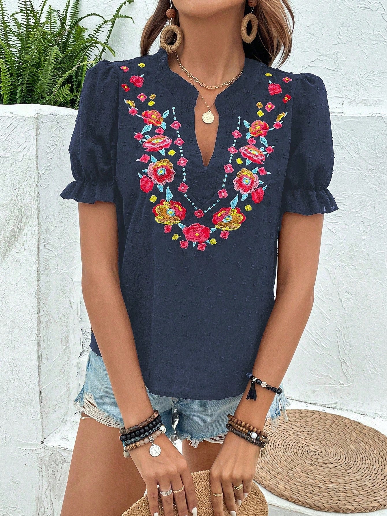 Breezaya Vacation Casual Floral Embroidery Puff Sleeve Shirt