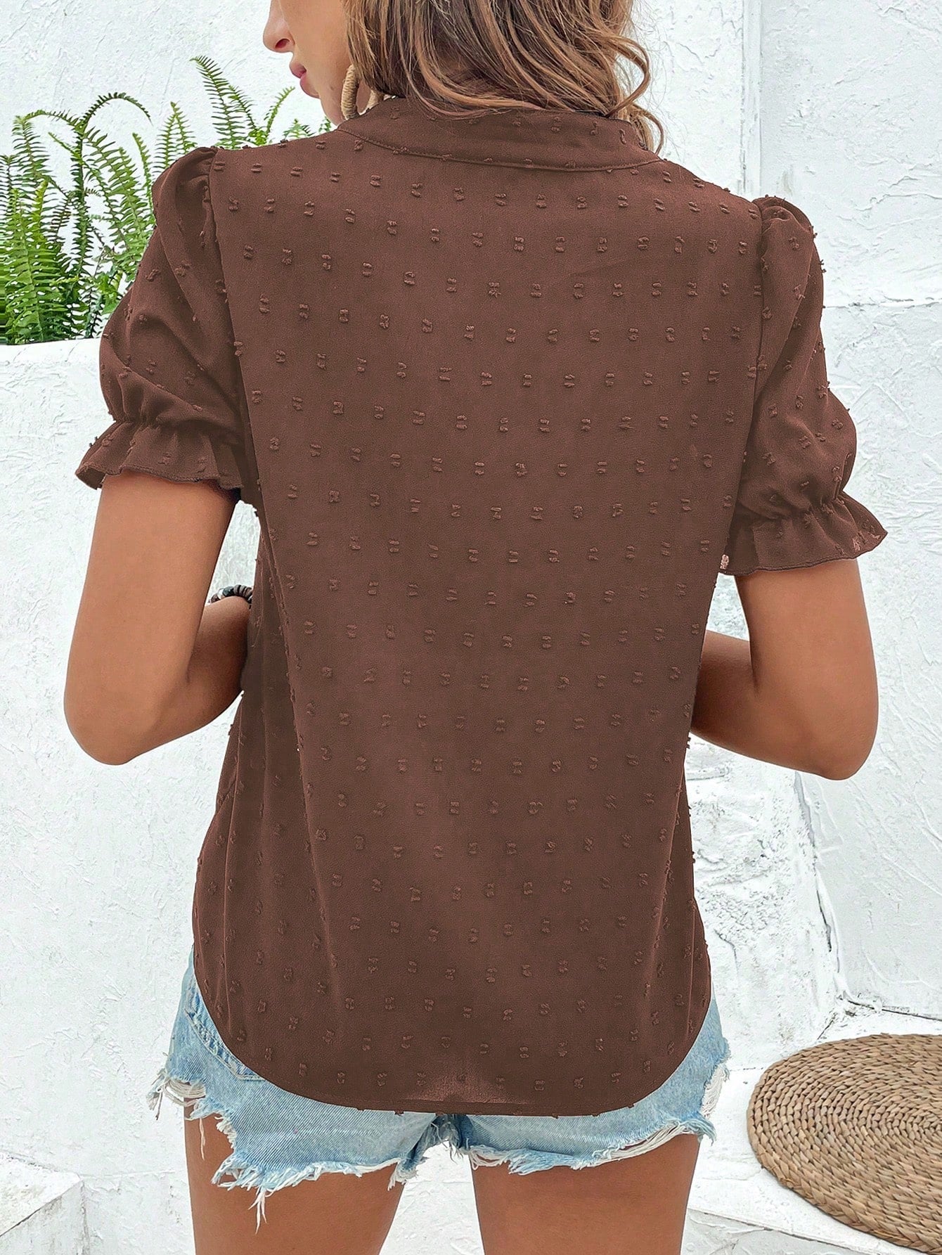 Breezaya Vacation Casual Floral Embroidery Puff Sleeve Shirt