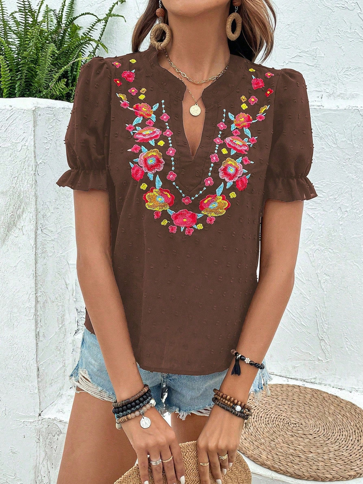 Breezaya Vacation Casual Floral Embroidery Puff Sleeve Shirt