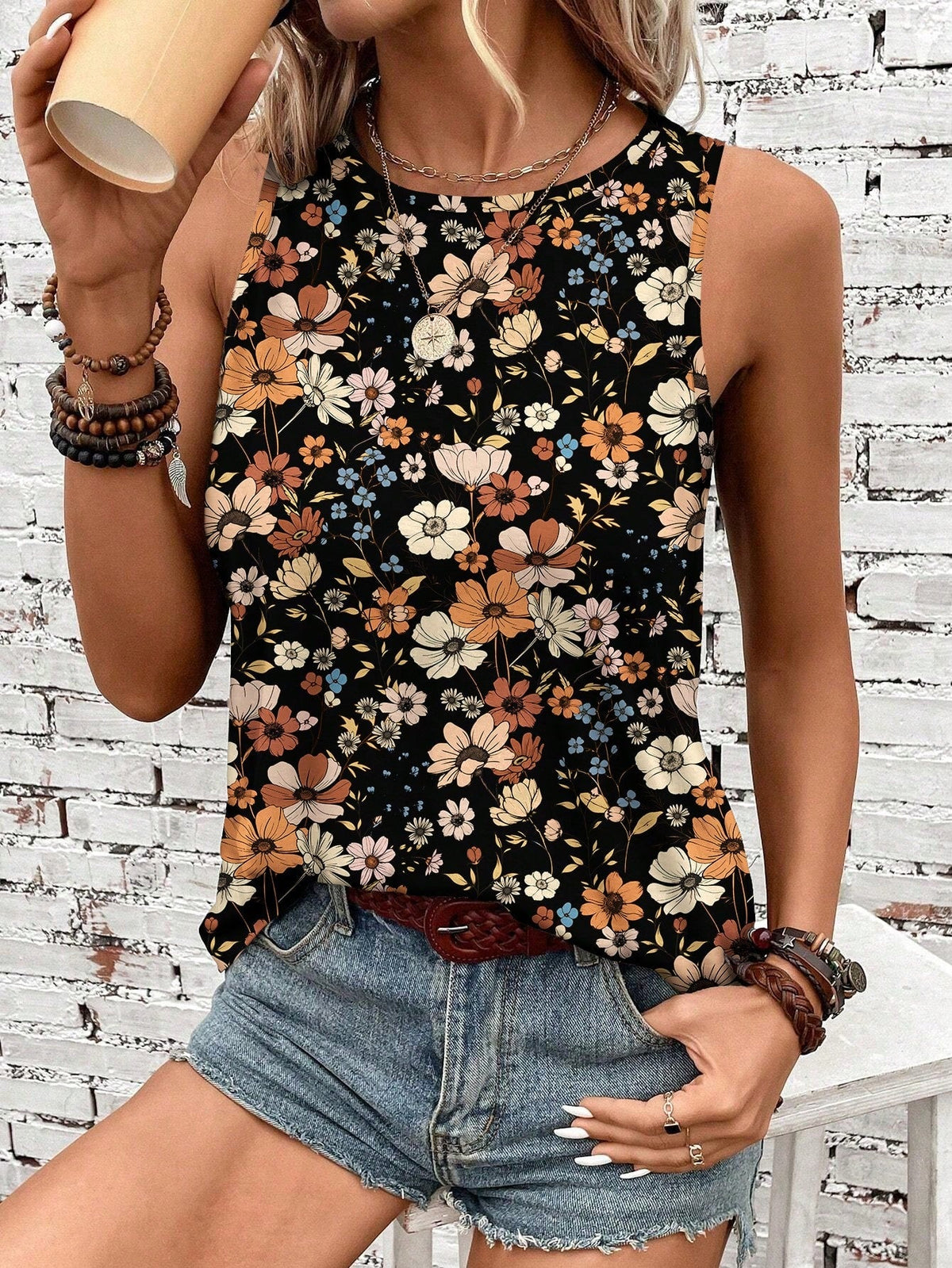 Casual Retro Floral Pattern Round Neck Tank Top